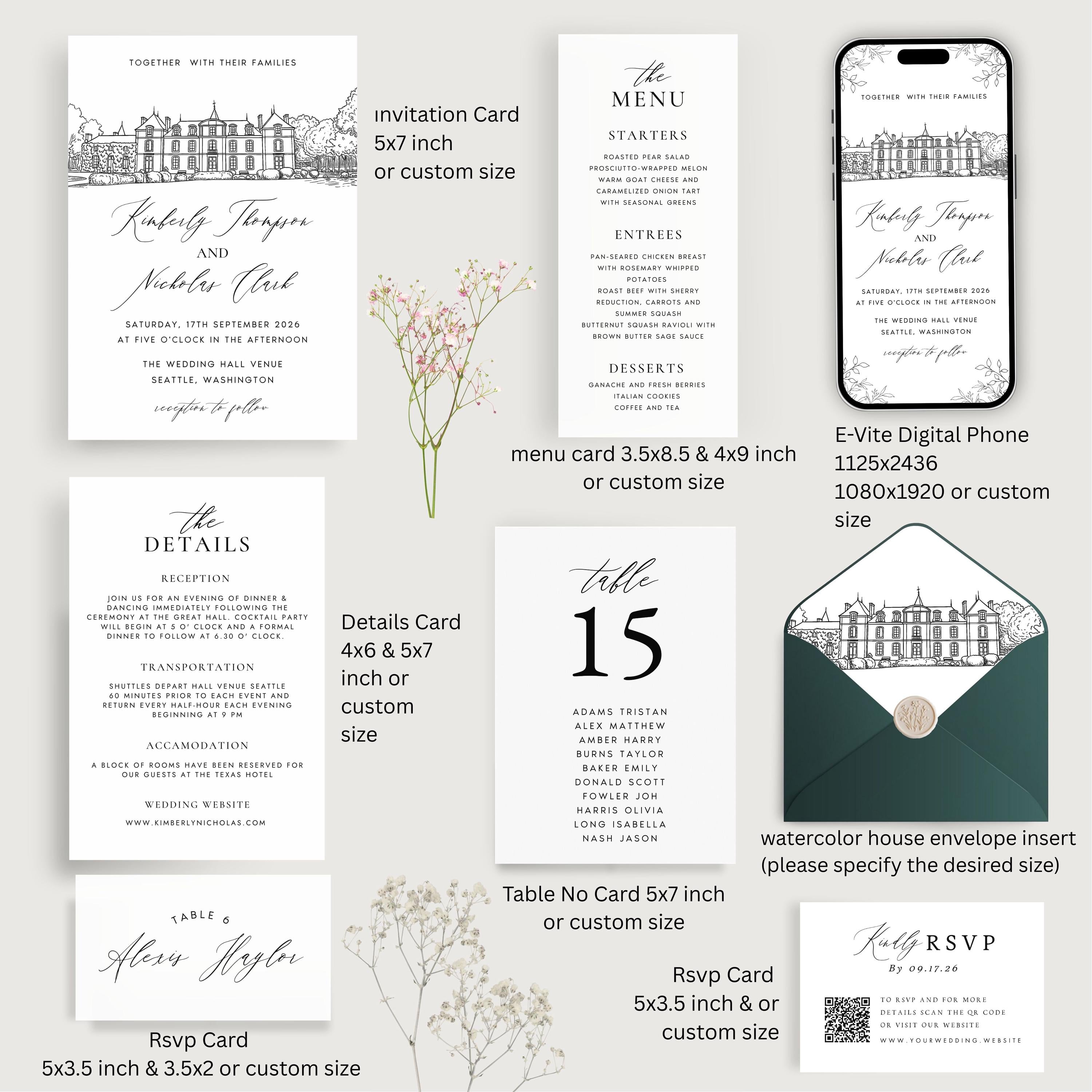 Custom Wedding Venue Lineart Invitation Bundle | Modern Wedding Sketch Illustration Invite | Editable Canva Template