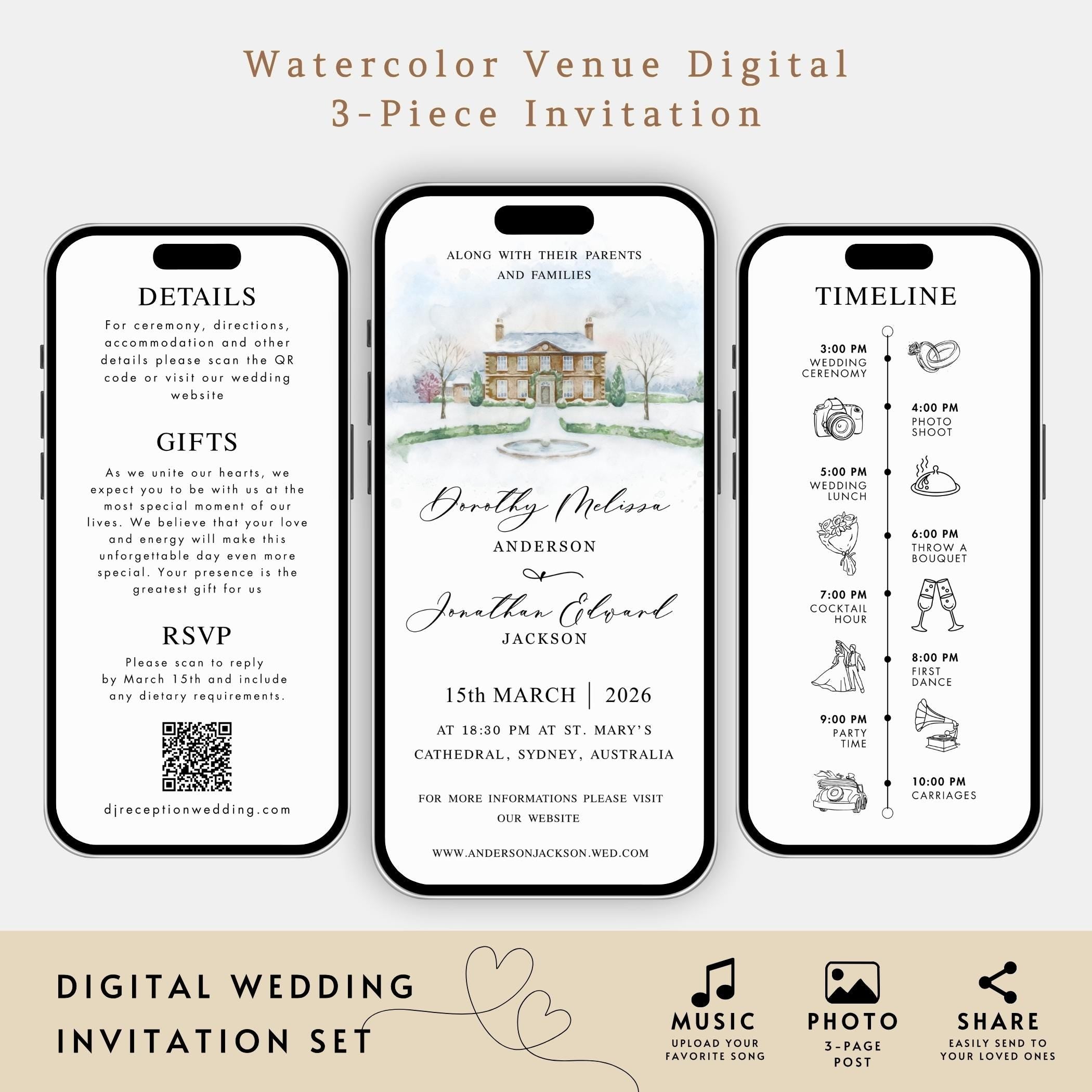 Watercolor Venue Wedding Invitation Suite, Digital Wedding Phone Invitation, Custom electronic venue E-vite, Editable Canva Template