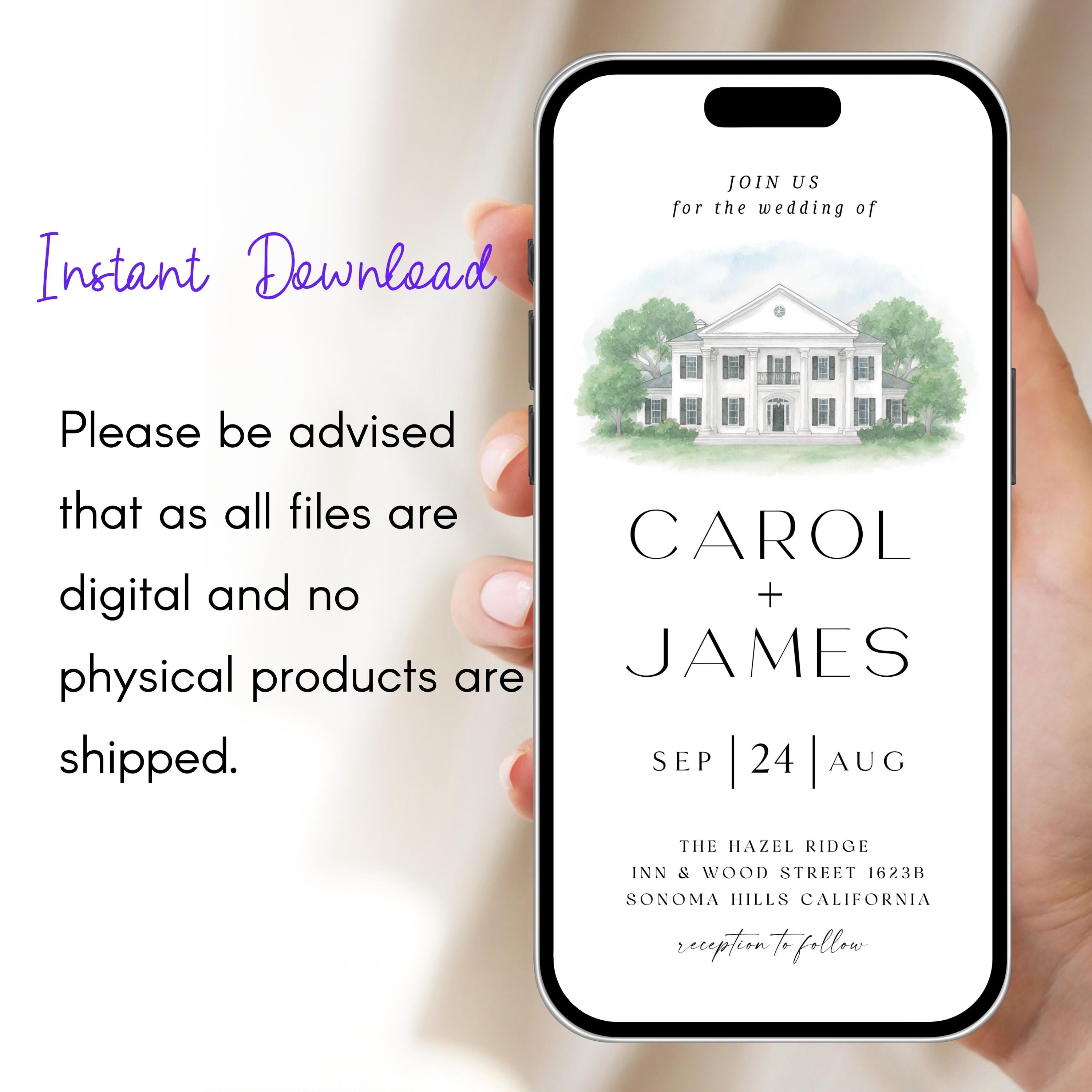 Digital Venue Sketch Save the Date: Watercolor Wedding E-vite (JPEG, PNG, PDF