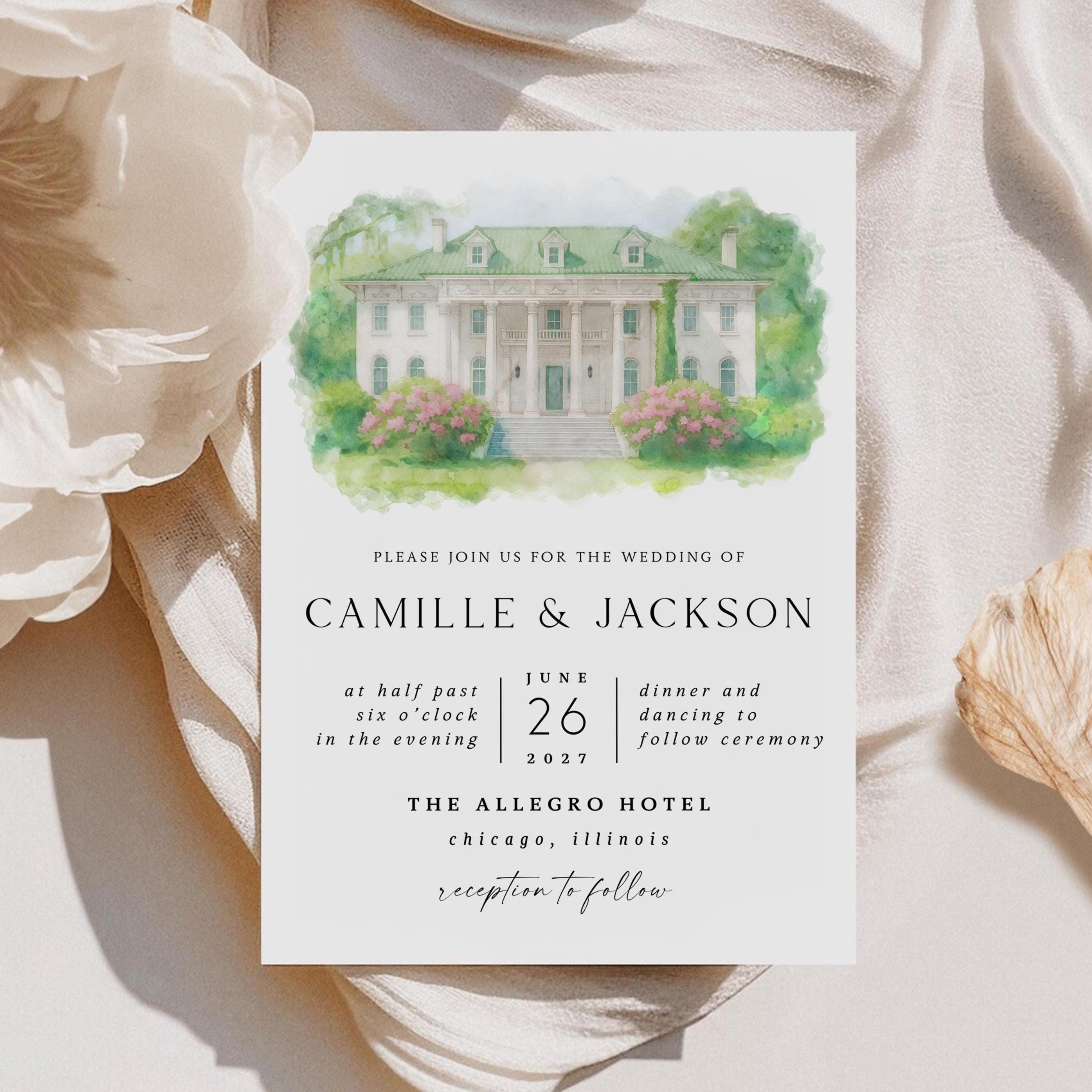 Custom Watercolor Venue Wedding Invitation,Wedding Invitation Template, Watercolor Venue Wedding Invitation, Illustration wedding venue