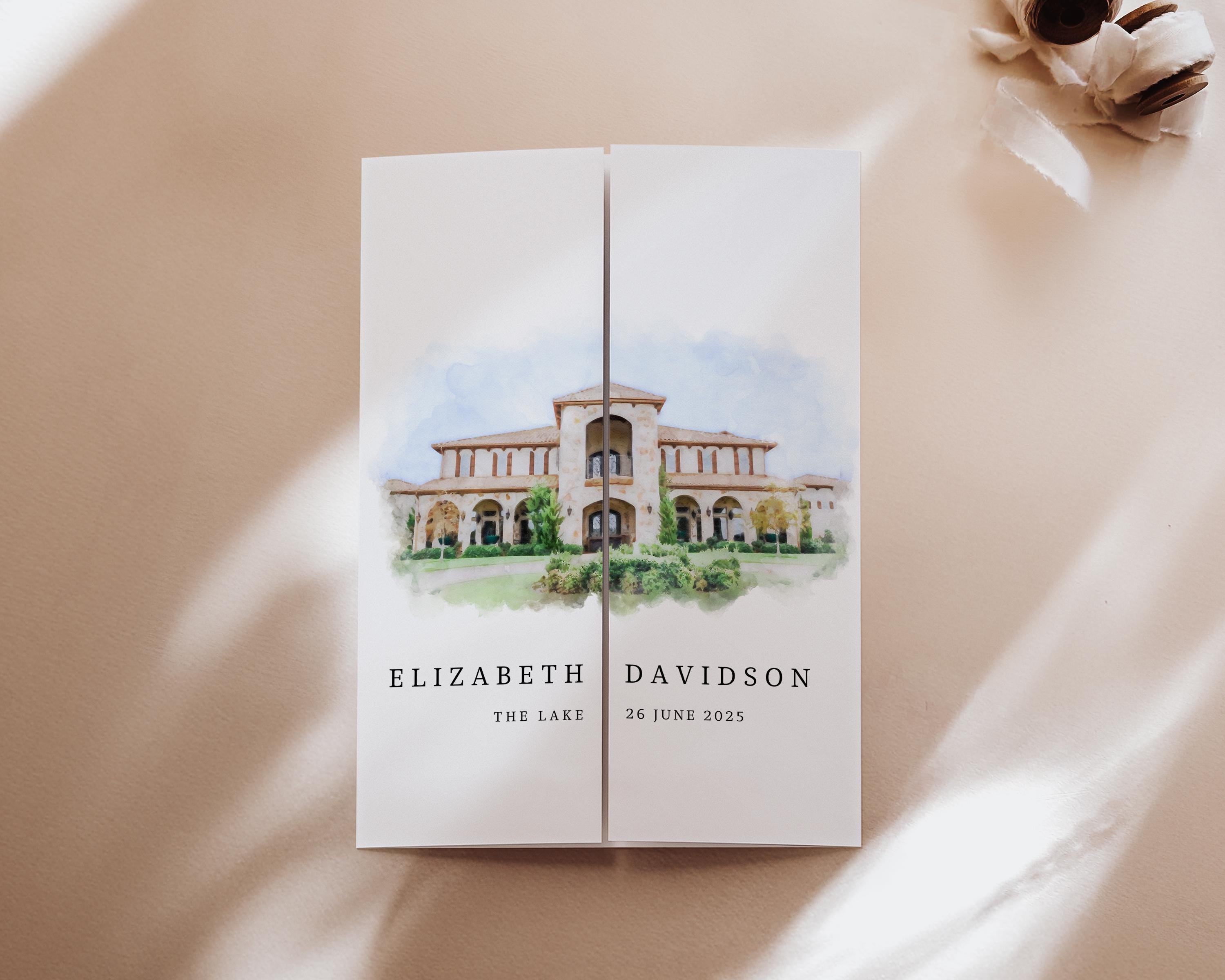 Watercolor Venue Wedding Invitation, Editable Gatefold Canva Template, Custom Invite