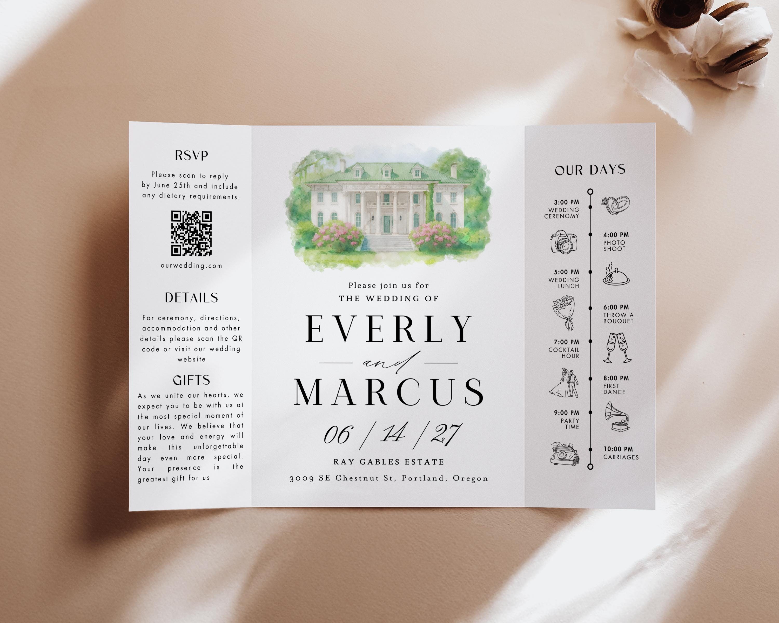 Watercolor Venue Wedding Invitation, Editable Gatefold Canva Template, Custom Invite