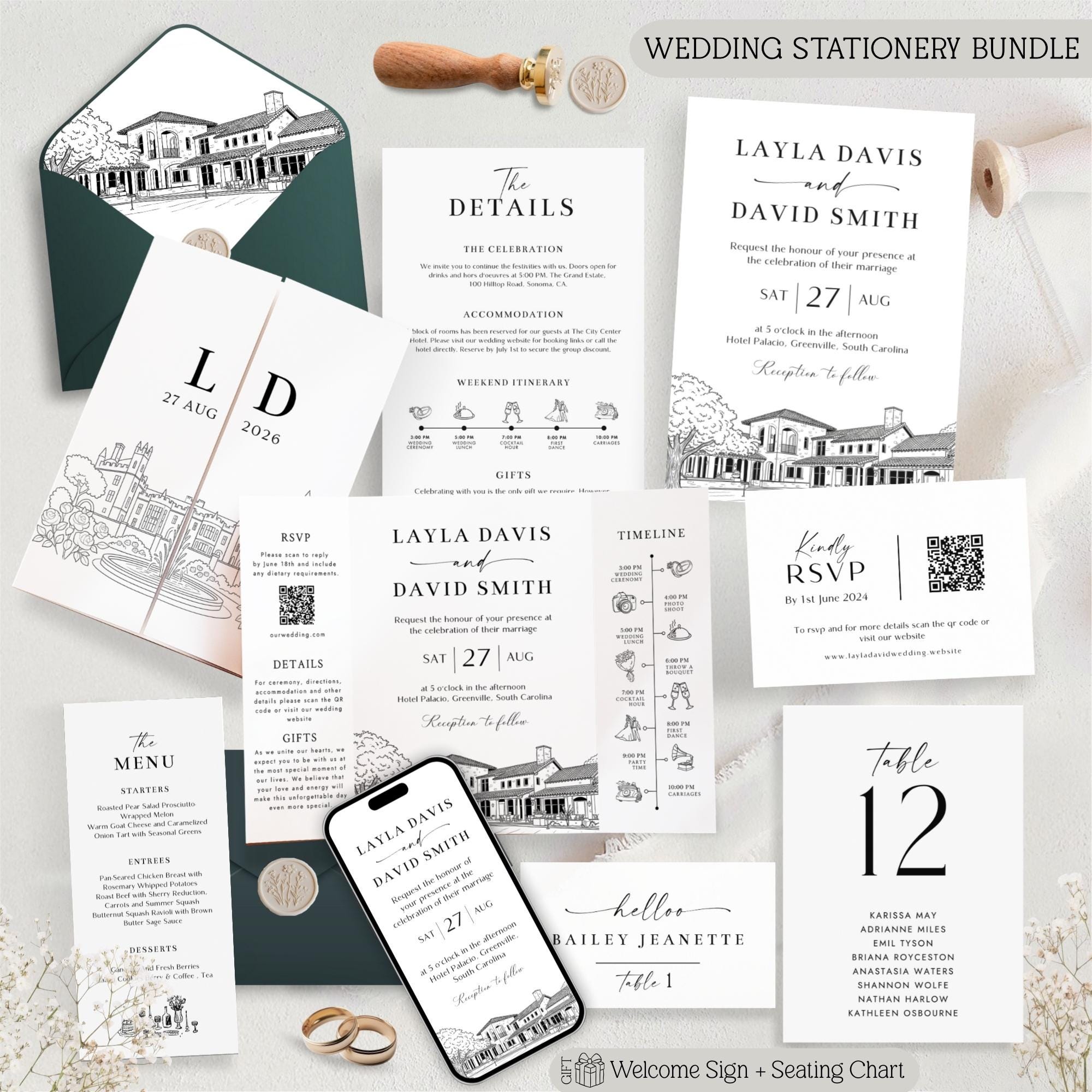 Custom Wedding Venue Lineart Invitation Bundle | Modern Wedding Sketch Illustration Invite | Editable Canva Template
