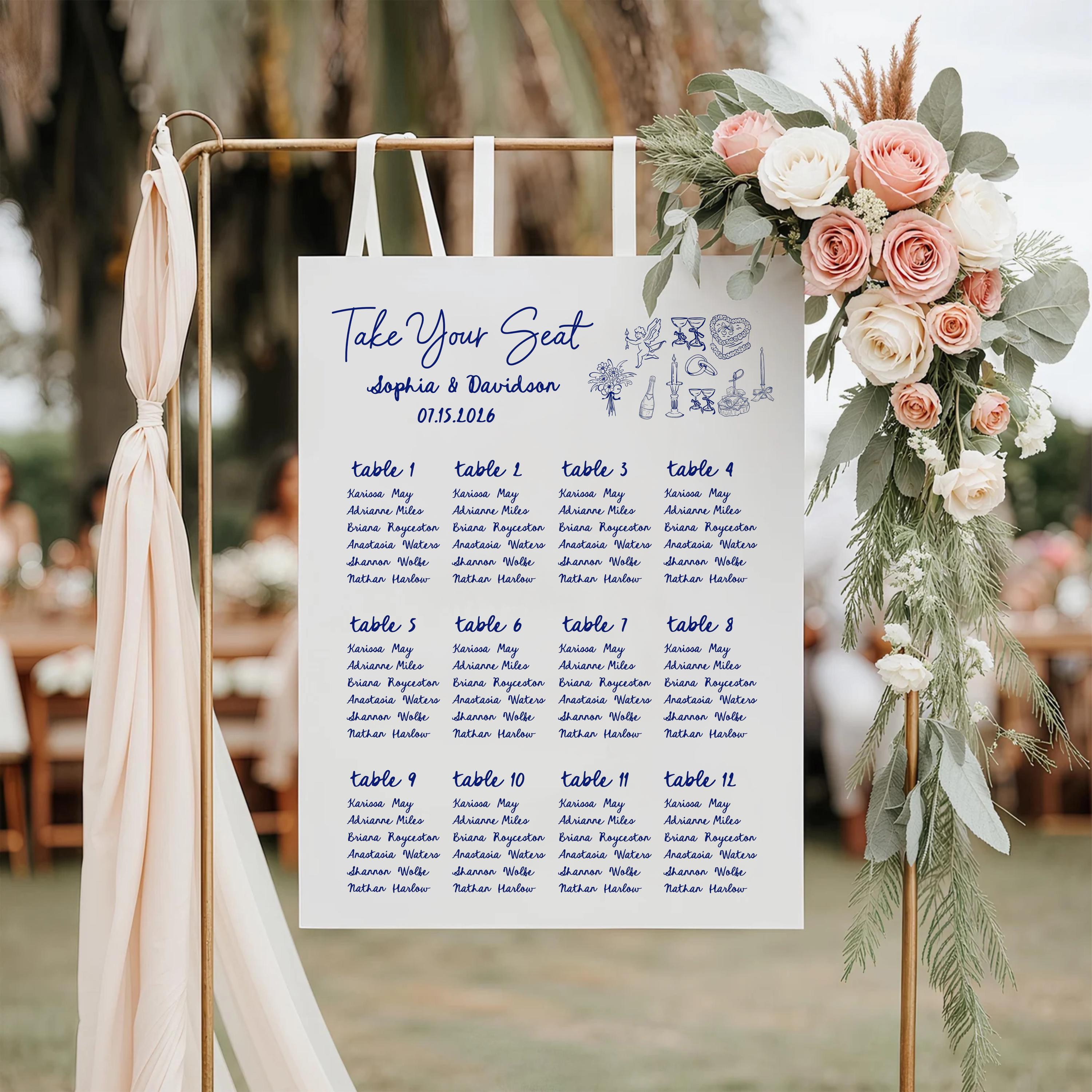 Beach Wedding Seating Chart Template: Alphabetical, Hand-Drawn (Digital Download)