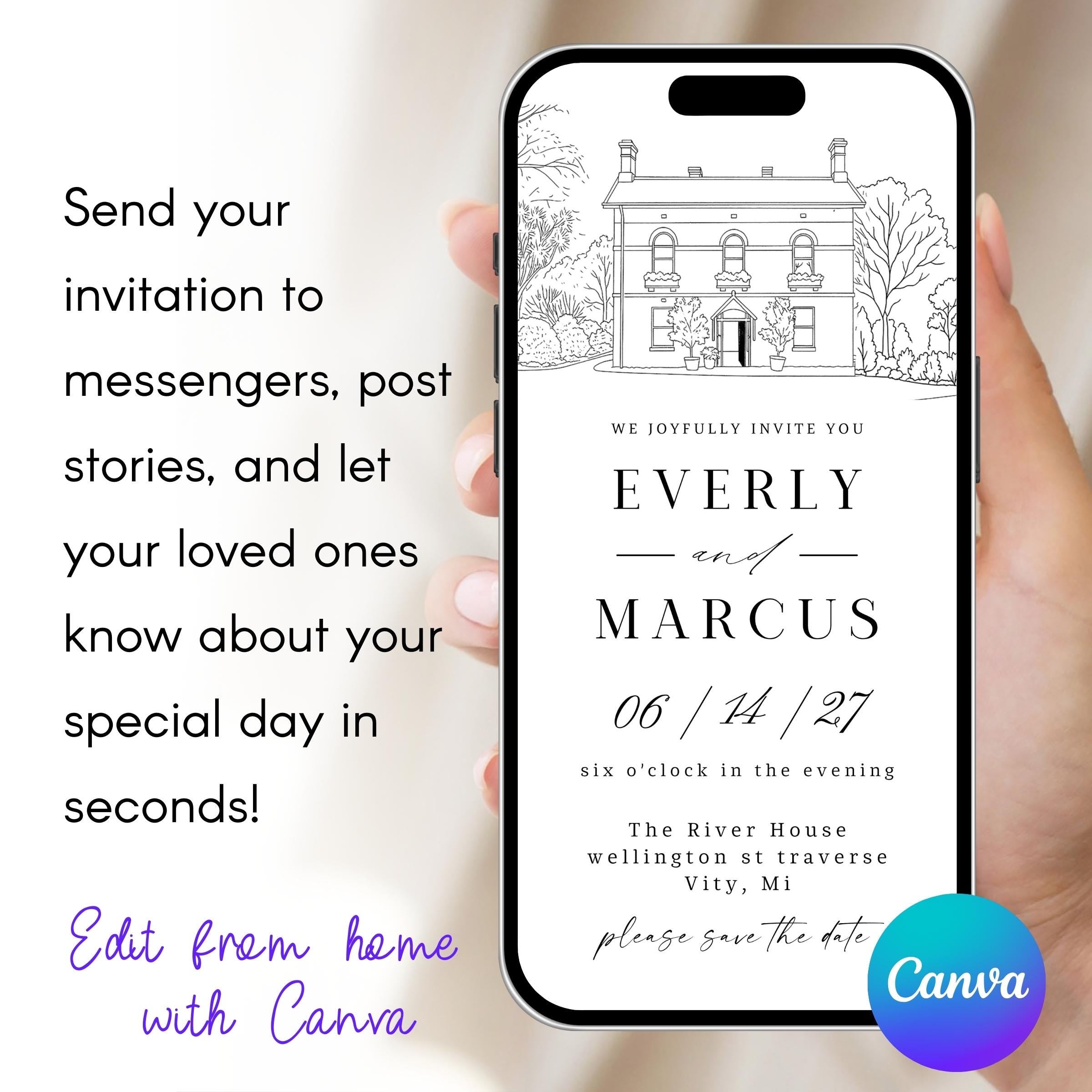 Venue Sketch Wedding Invitation Suite, Digital Wedding Phone Invite, Custom electronic venue E-vite, Editable Canva Template