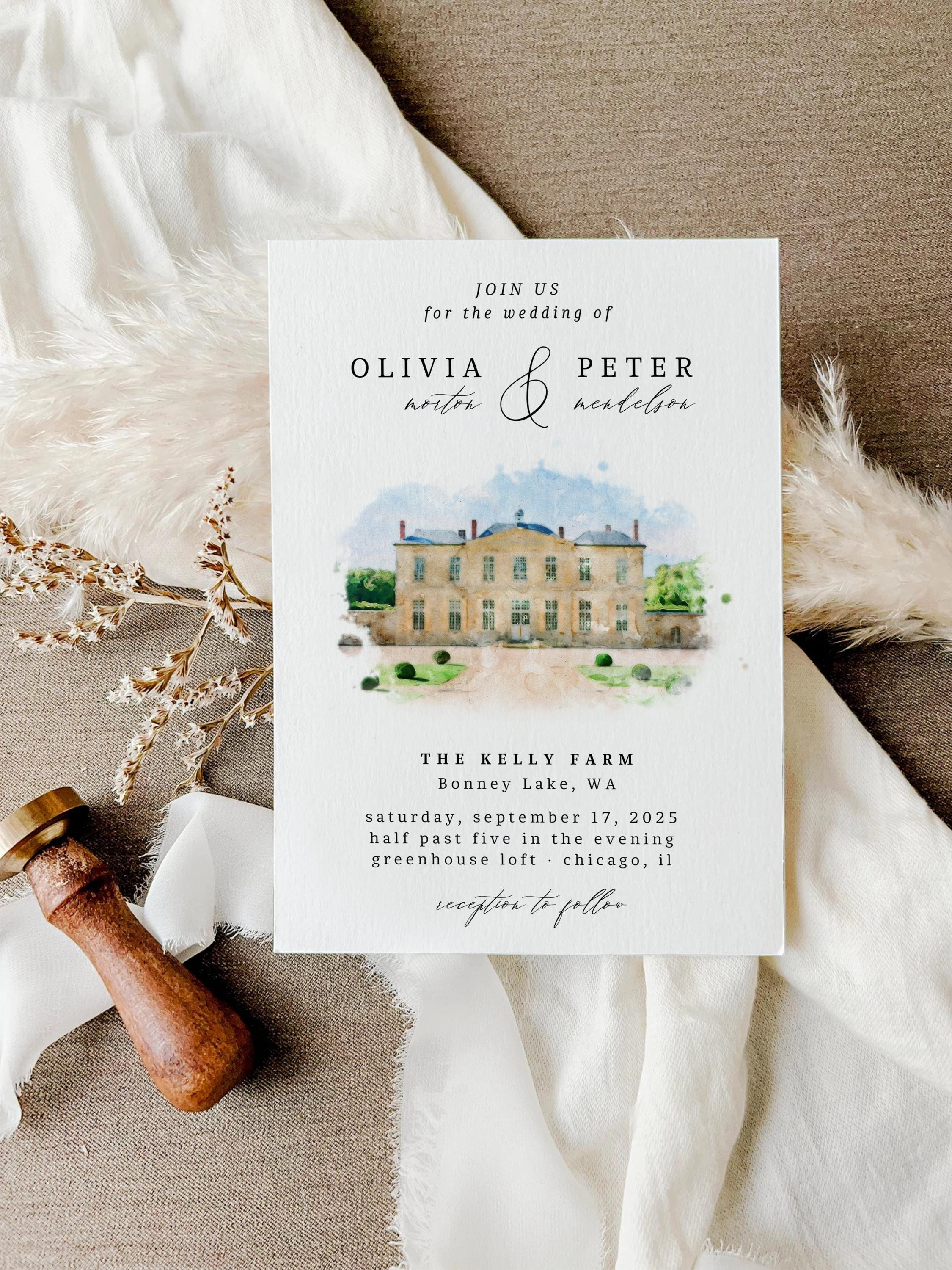 Custom Wedding Venue Watercolor Illustration: Digital Art (Digital File)