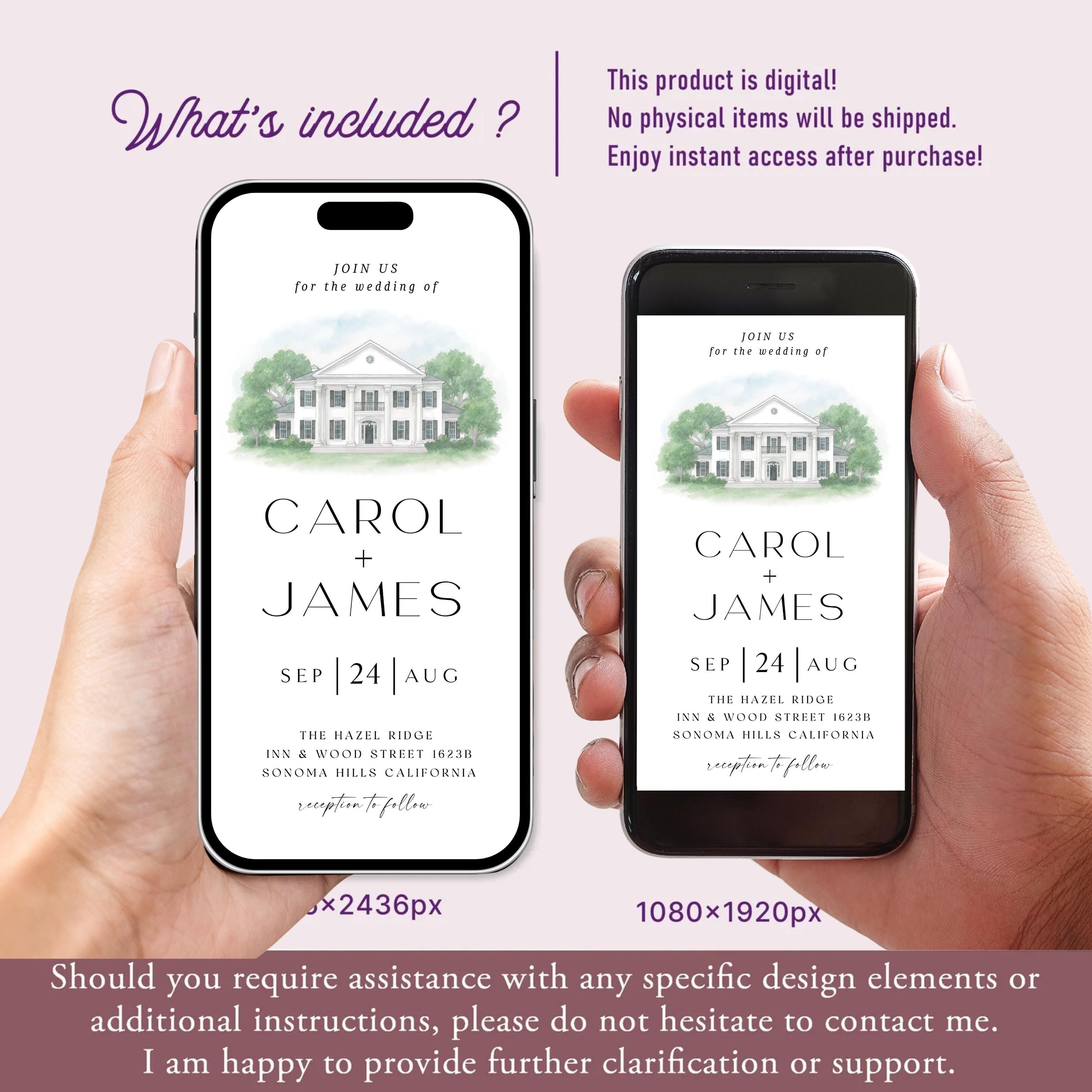 Digital Venue Sketch Save the Date: Watercolor Wedding E-vite (JPEG, PNG, PDF