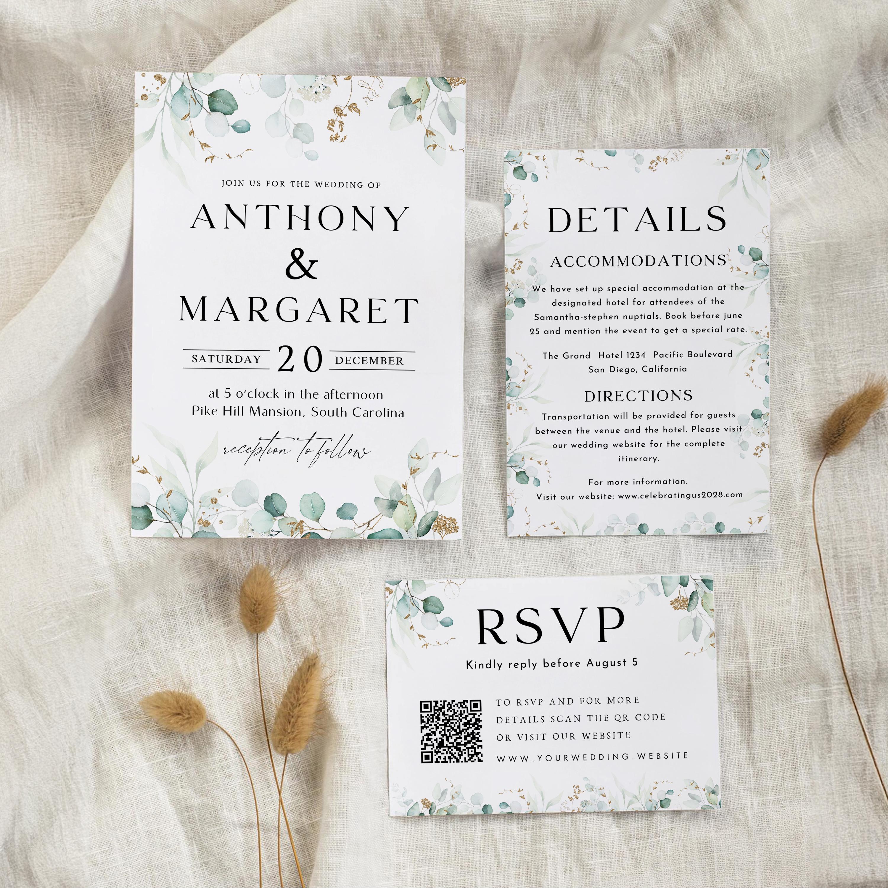 Sage Greenery Wedding Invitation Template, Flower Invite (Canva Template)
