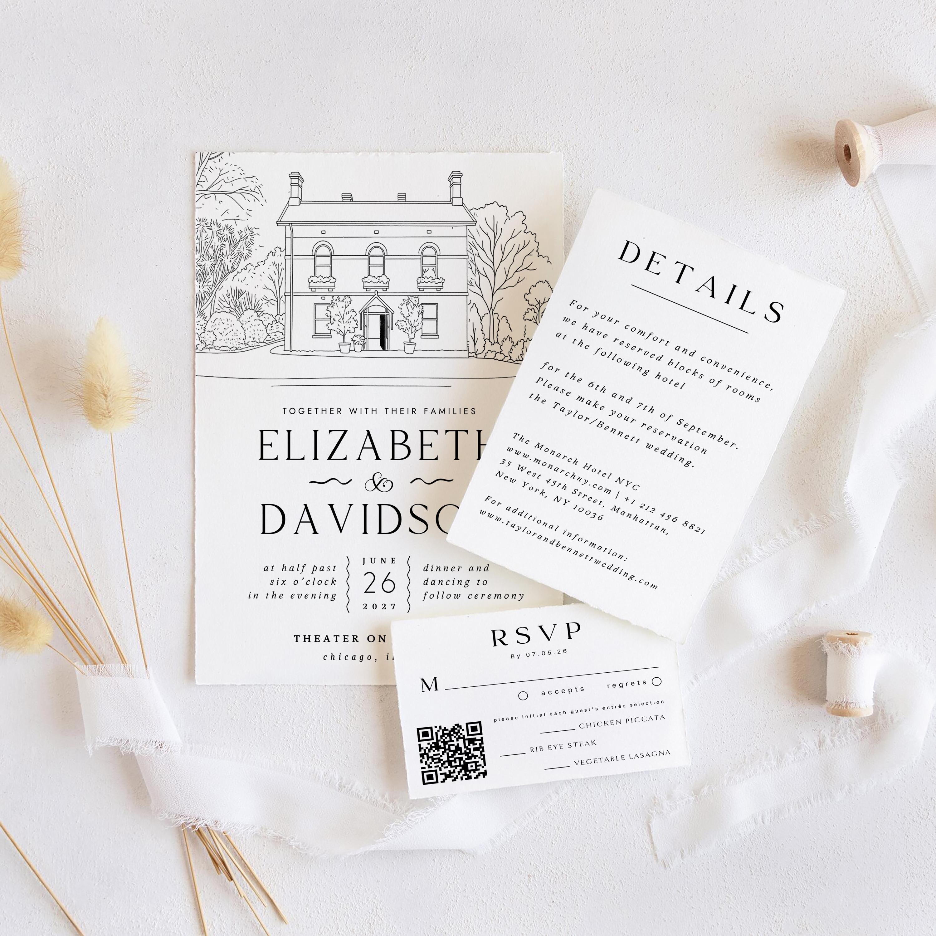 Venue Illustration Wedding Invitation Template: Custom Line Art (Canva Editable, Digital Download )