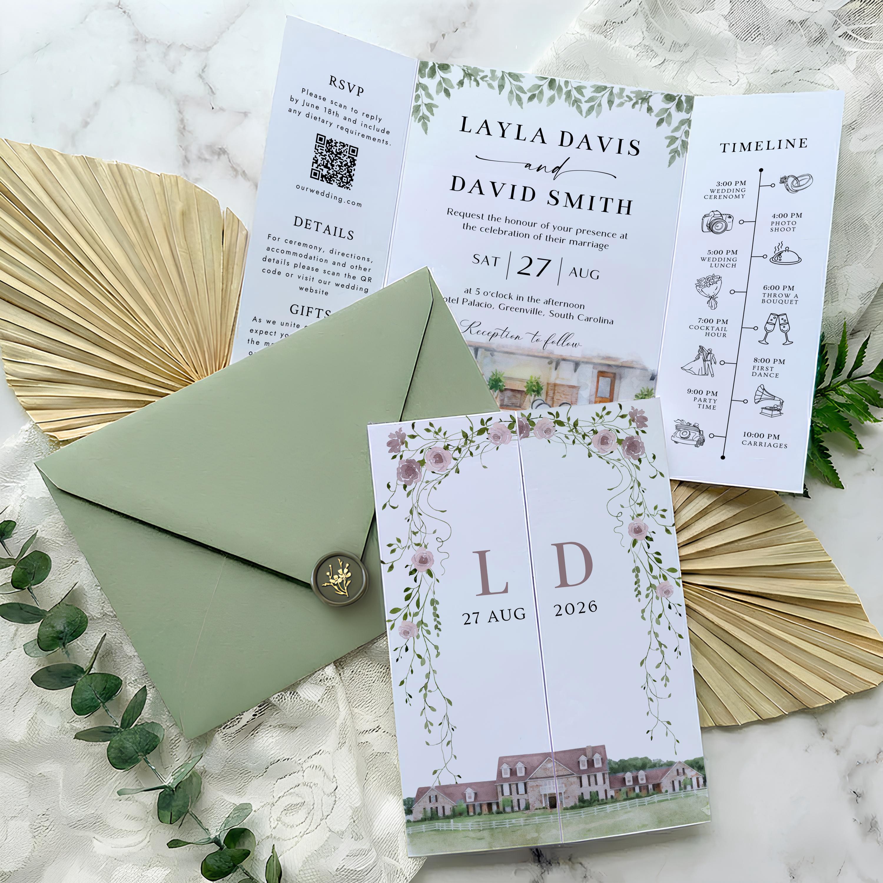 Personalized Watercolor Venue Wedding Invitation | Editable Canva Custom Gatefold Invite | Modern Wedding Template