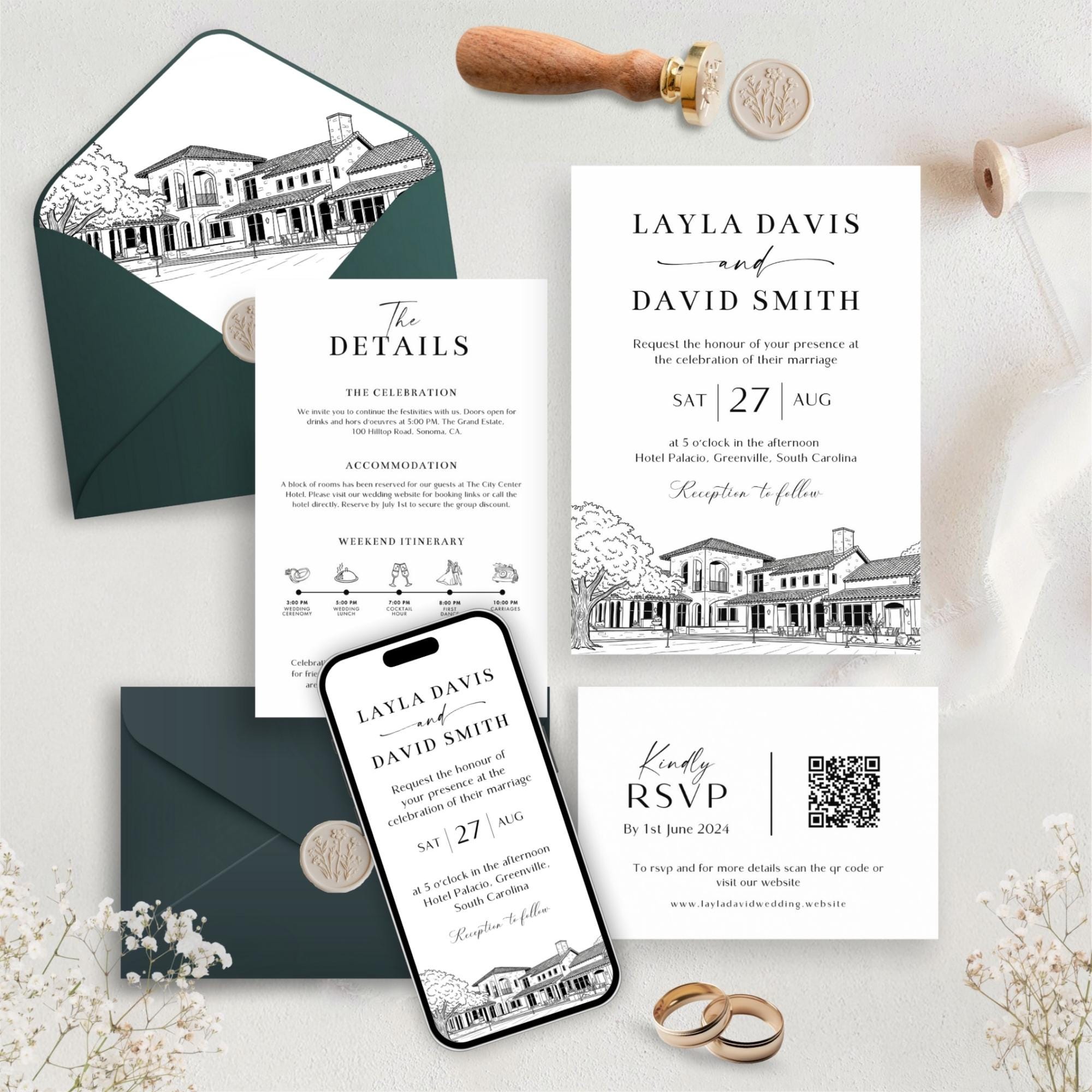 Custom Wedding Venue Lineart Invitation Bundle | Modern Wedding Sketch Illustration Invite | Editable Canva Template
