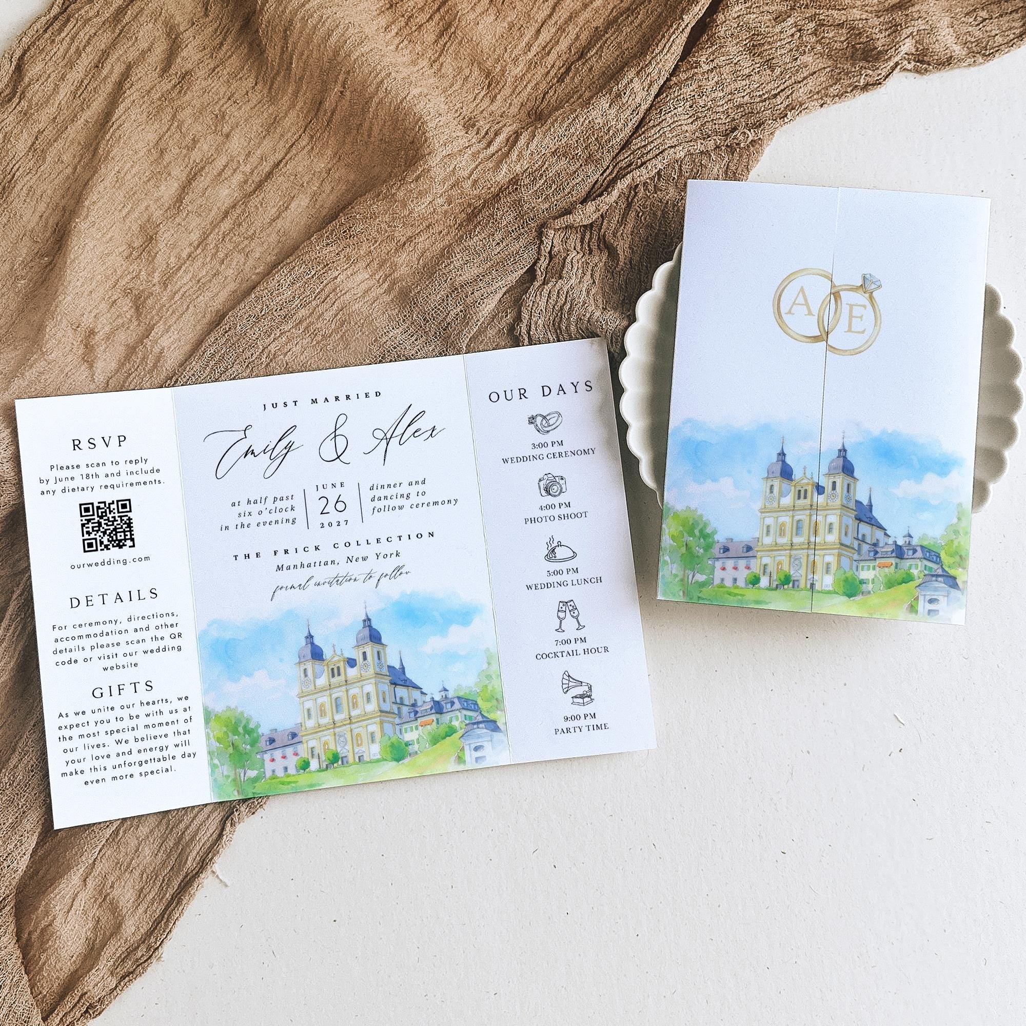 Custom Watercolor Venue Wedding Invitation | Editable Canva Gatefold Invite | Modern Wedding Template