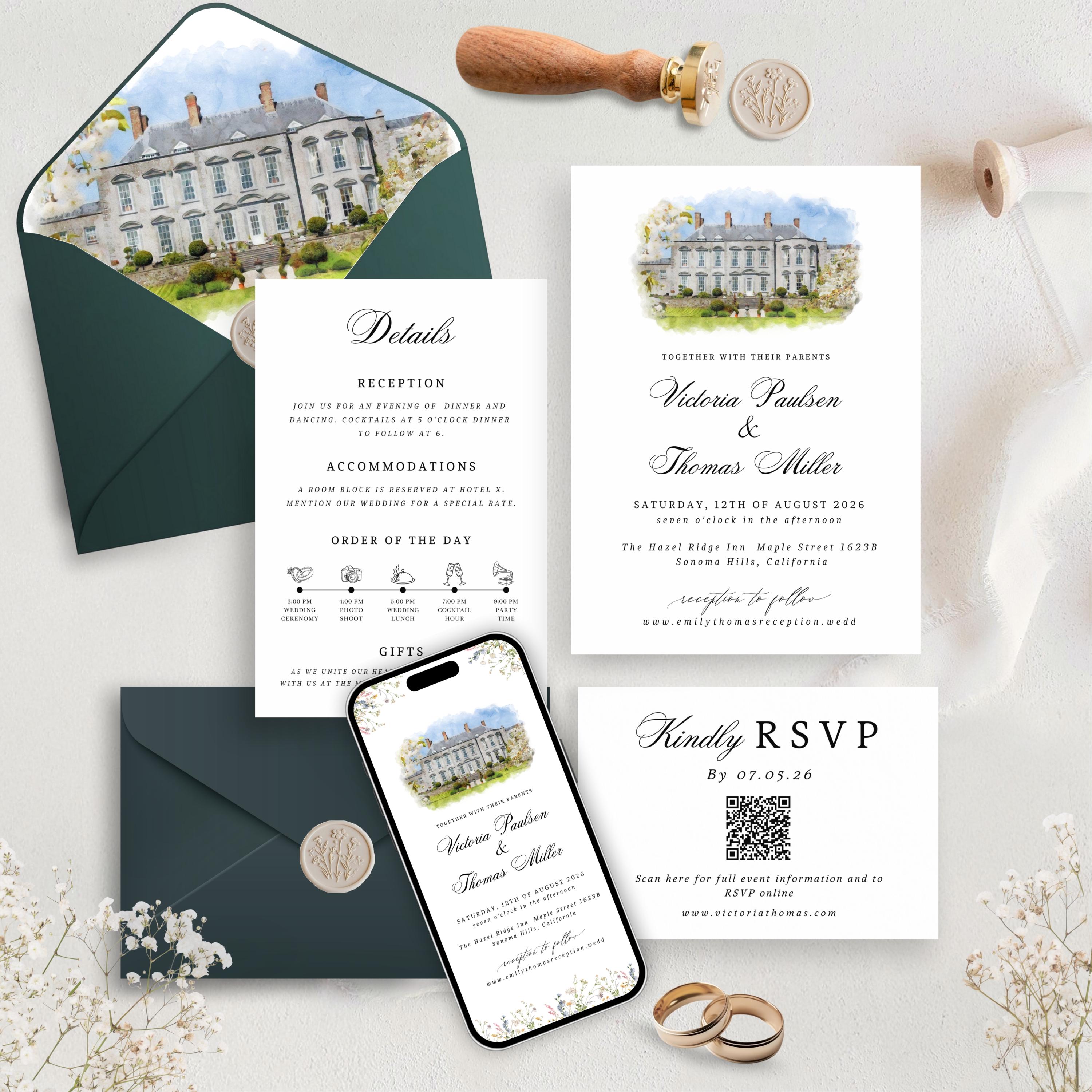 Custom Watercolor Venue Wedding Invitation | Editable Canva Invite Template | Modern Wedd Template,