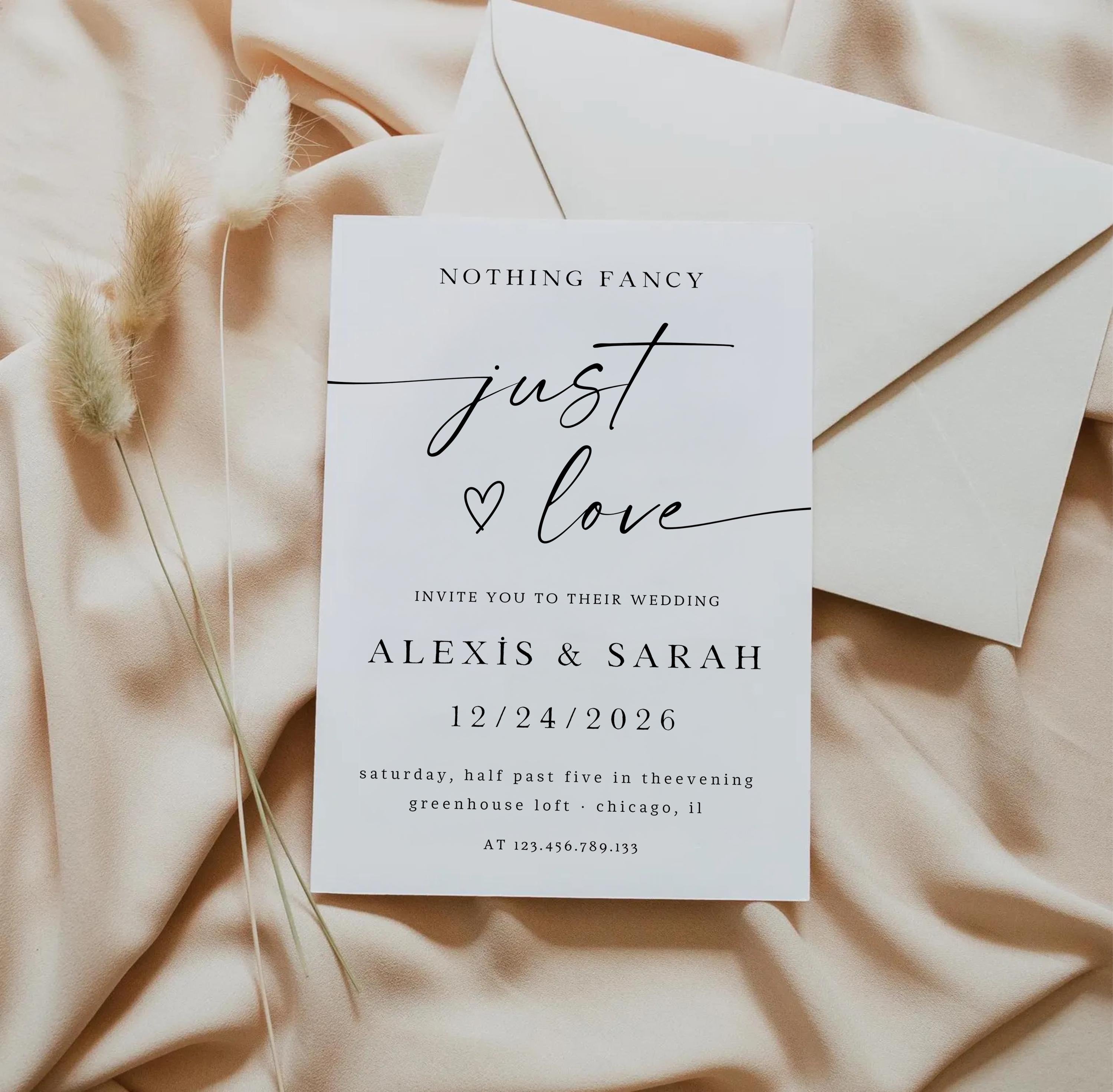 Modern Elopement Wedding Invitation, Minimalist Reception Invite (Canva Template)