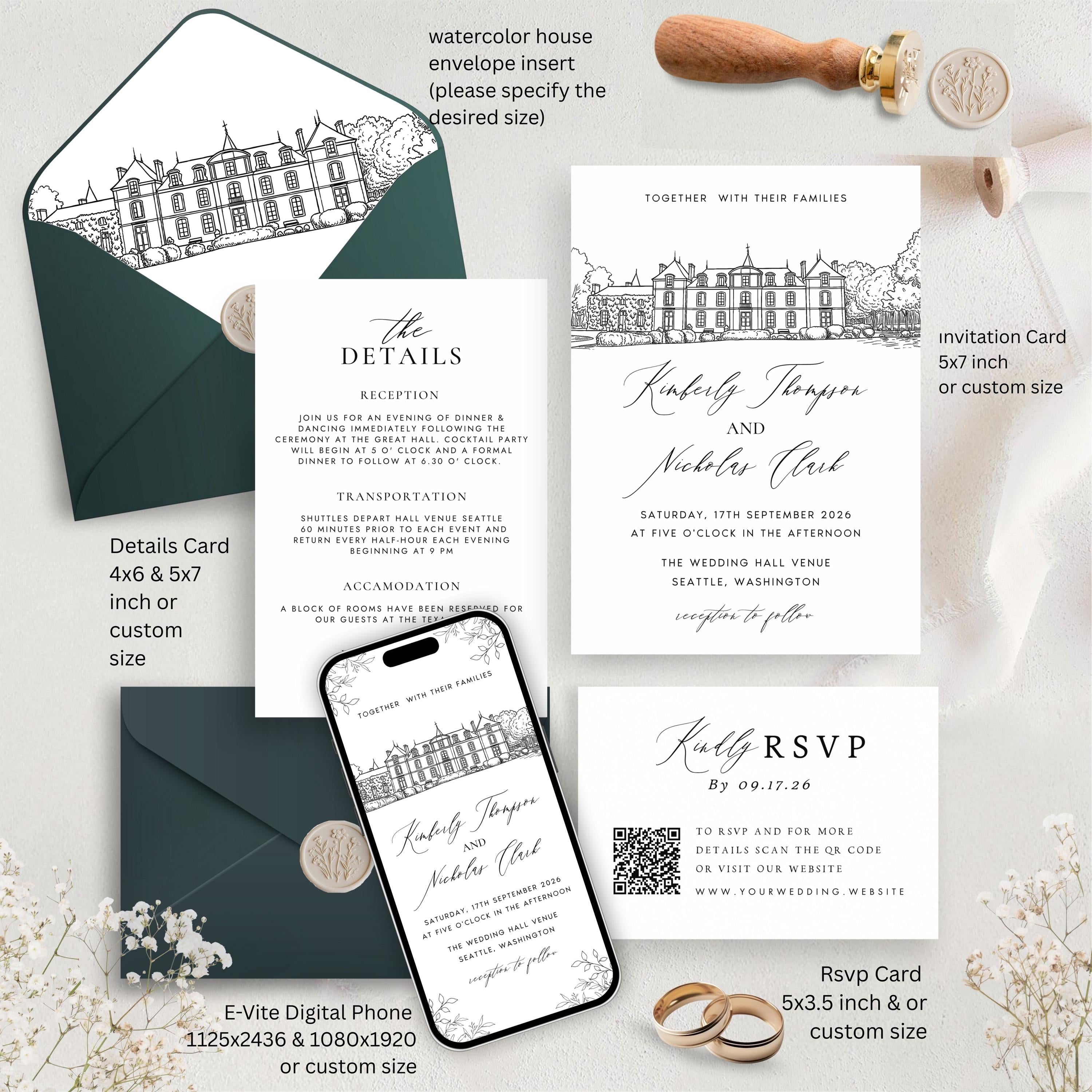 Personalized Wedding Venue Sketch Invitation Suite, Fully Editable DIY Canva Template, Wedding Stationery Bundle