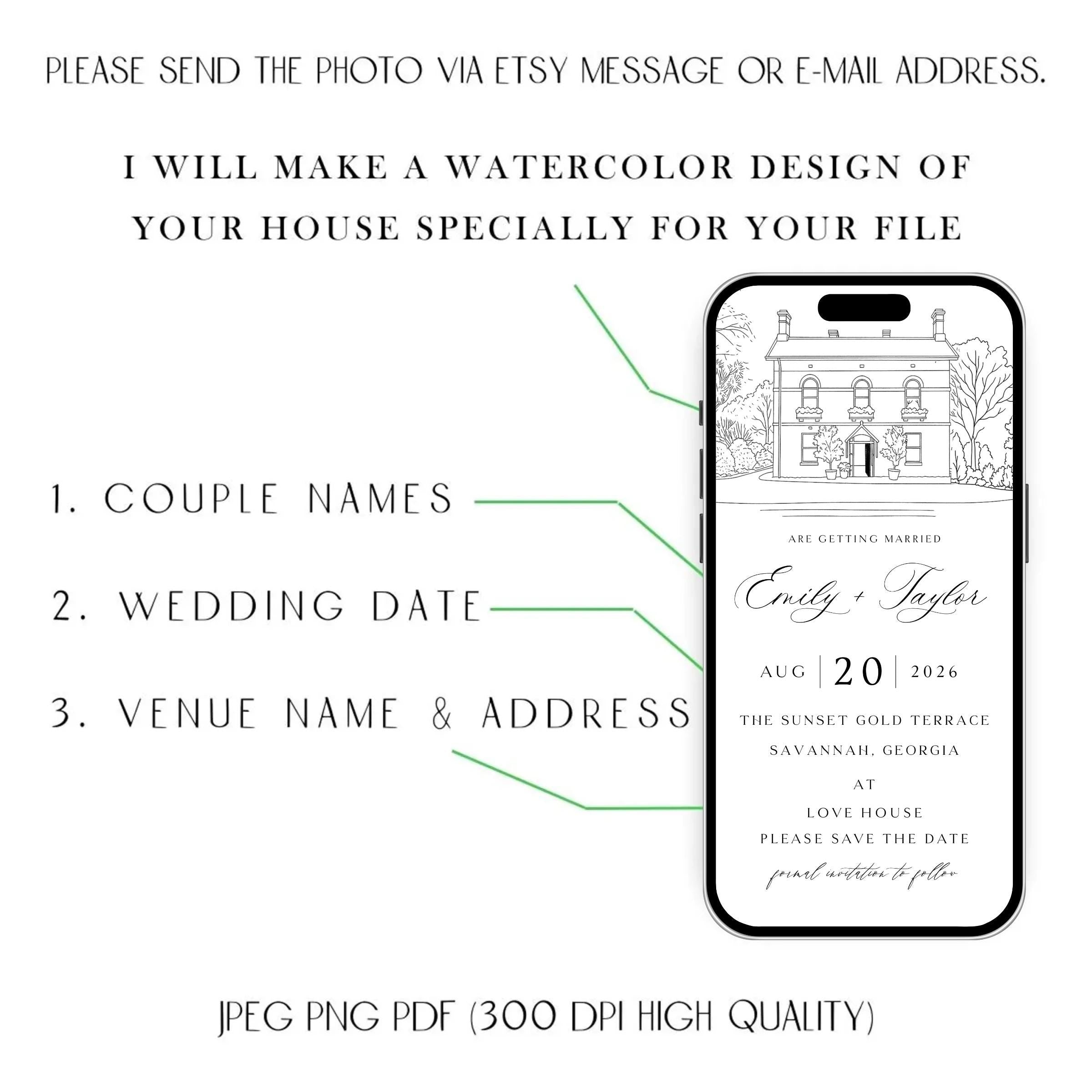 Digital Venue Sketch Save the Date: Personalized E-vite (JPEG, PNG, PDF