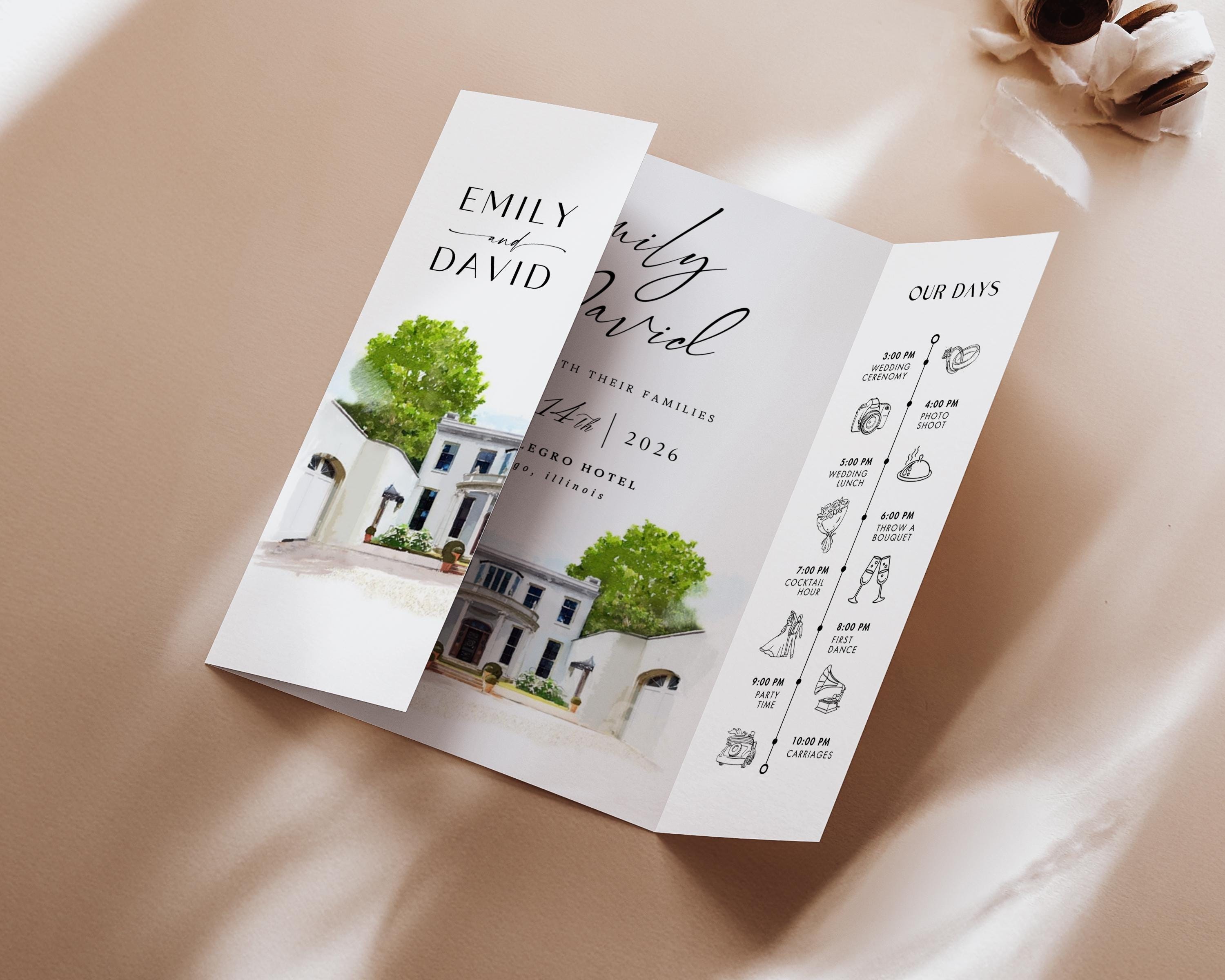 Watercolor Venue Wedding Invitation, Editable Gatefold Canva Template, Custom Invite