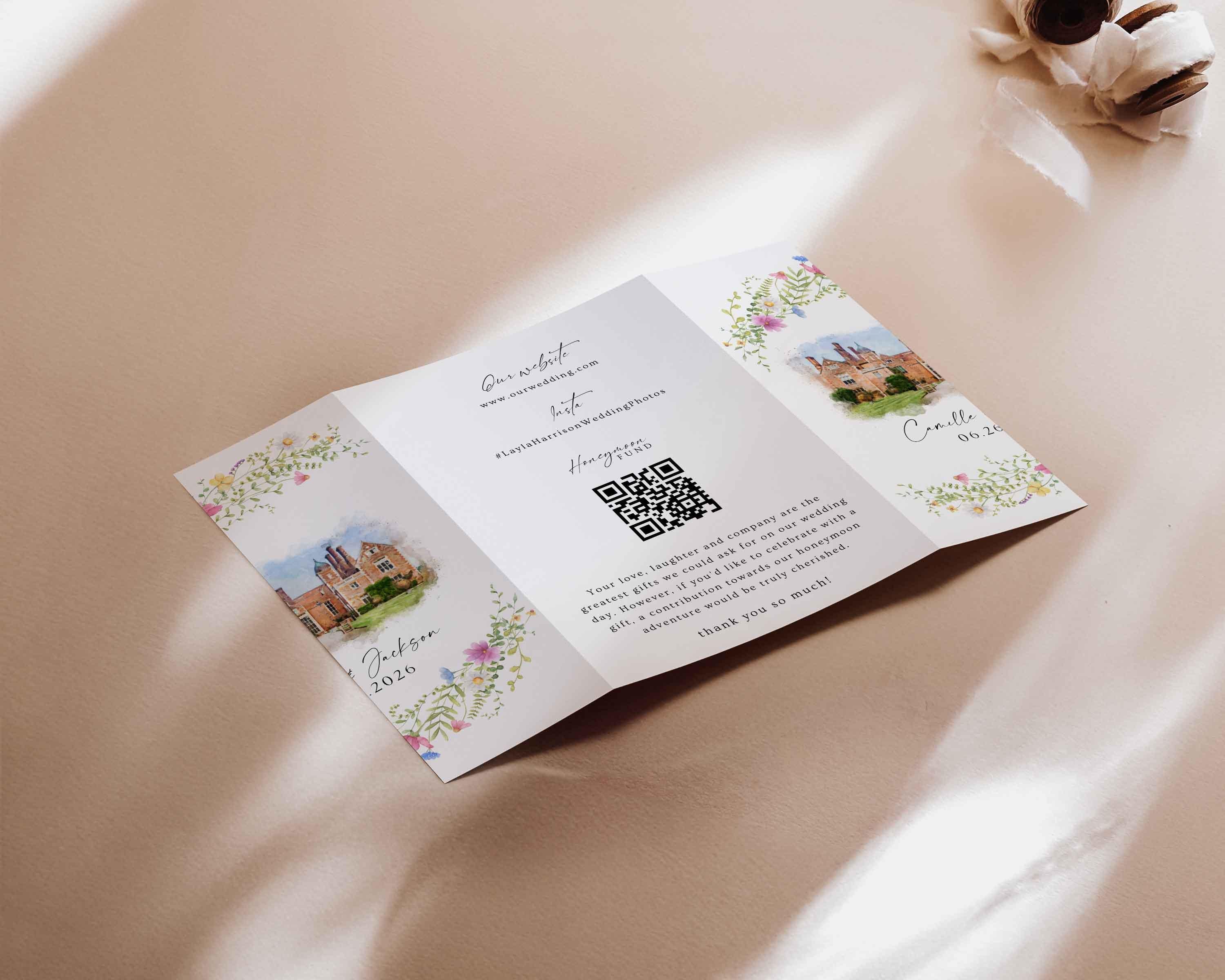 Watercolor Venue Wedding Invitation, Editable Gatefold Canva Template, Custom Invite