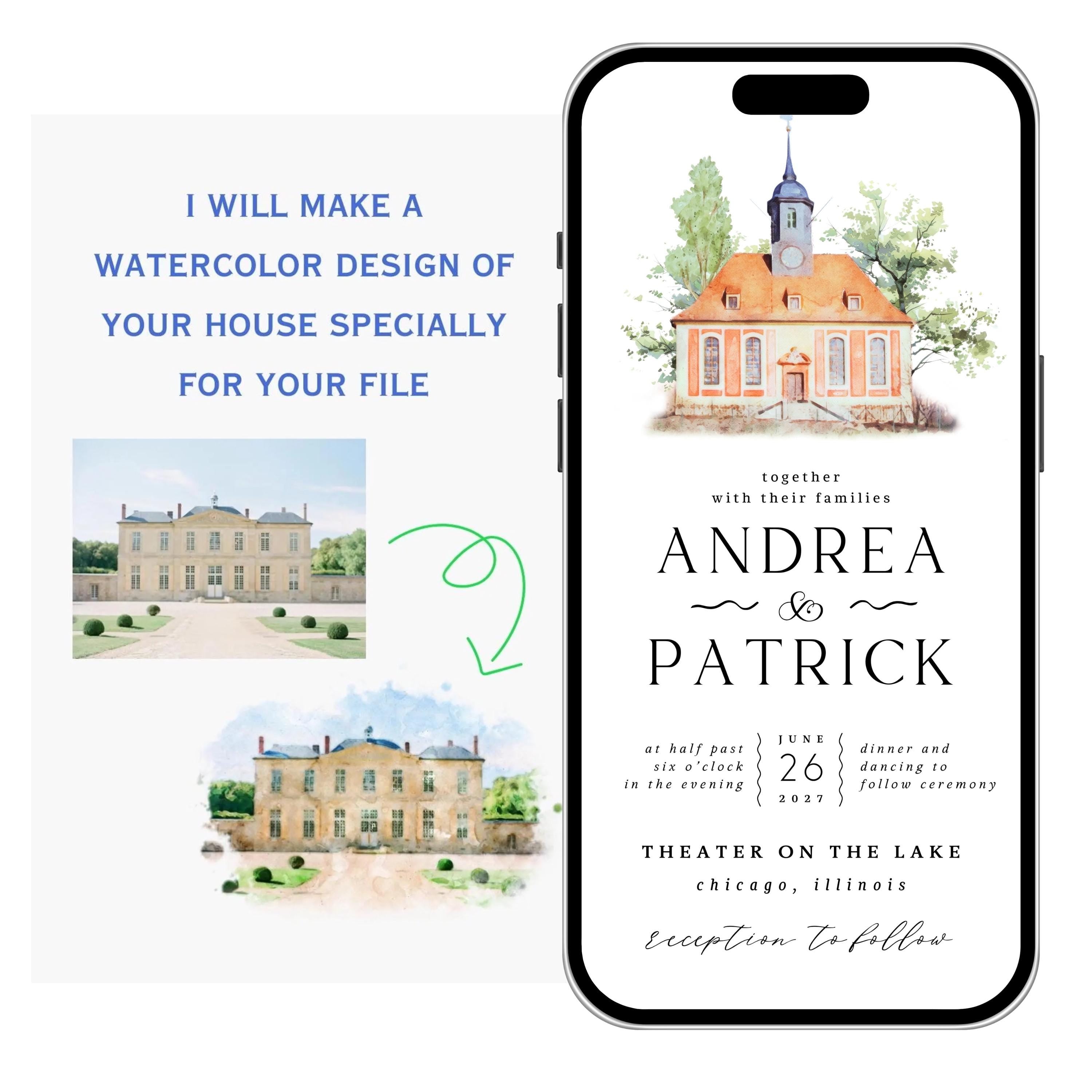 Digital Venue Sketch Save the Date: Watercolor Wedding E-vite (JPEG, PNG, PDF