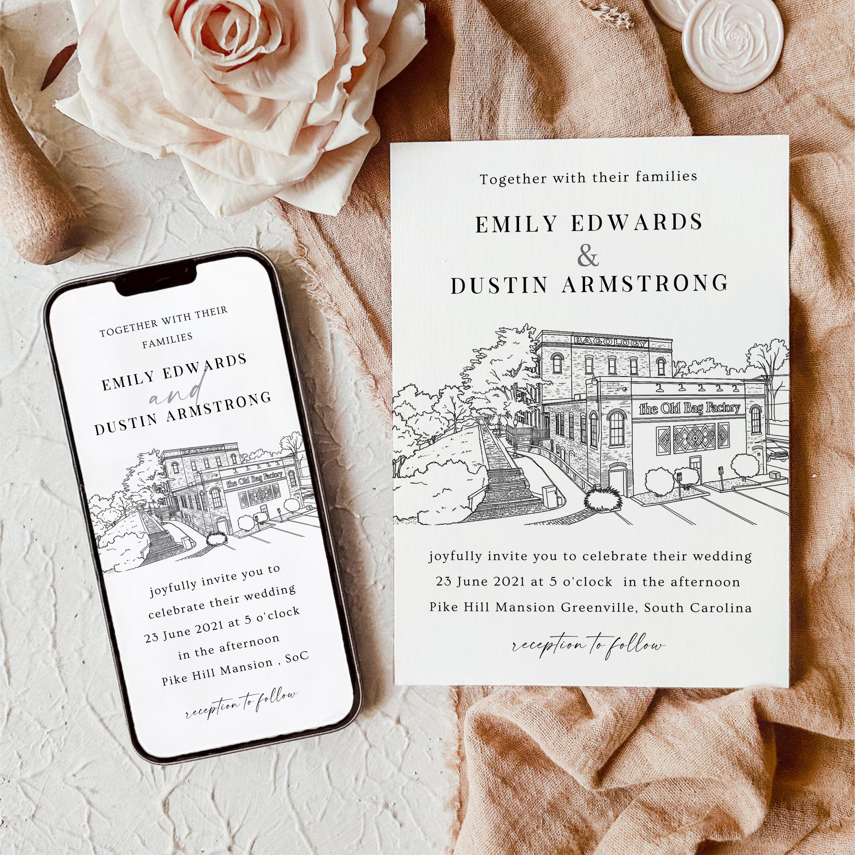 Personalized Wedding Venue Sketch Invitation Suite, Fully Editable DIY Canva Template, Wedding Stationery Bundle