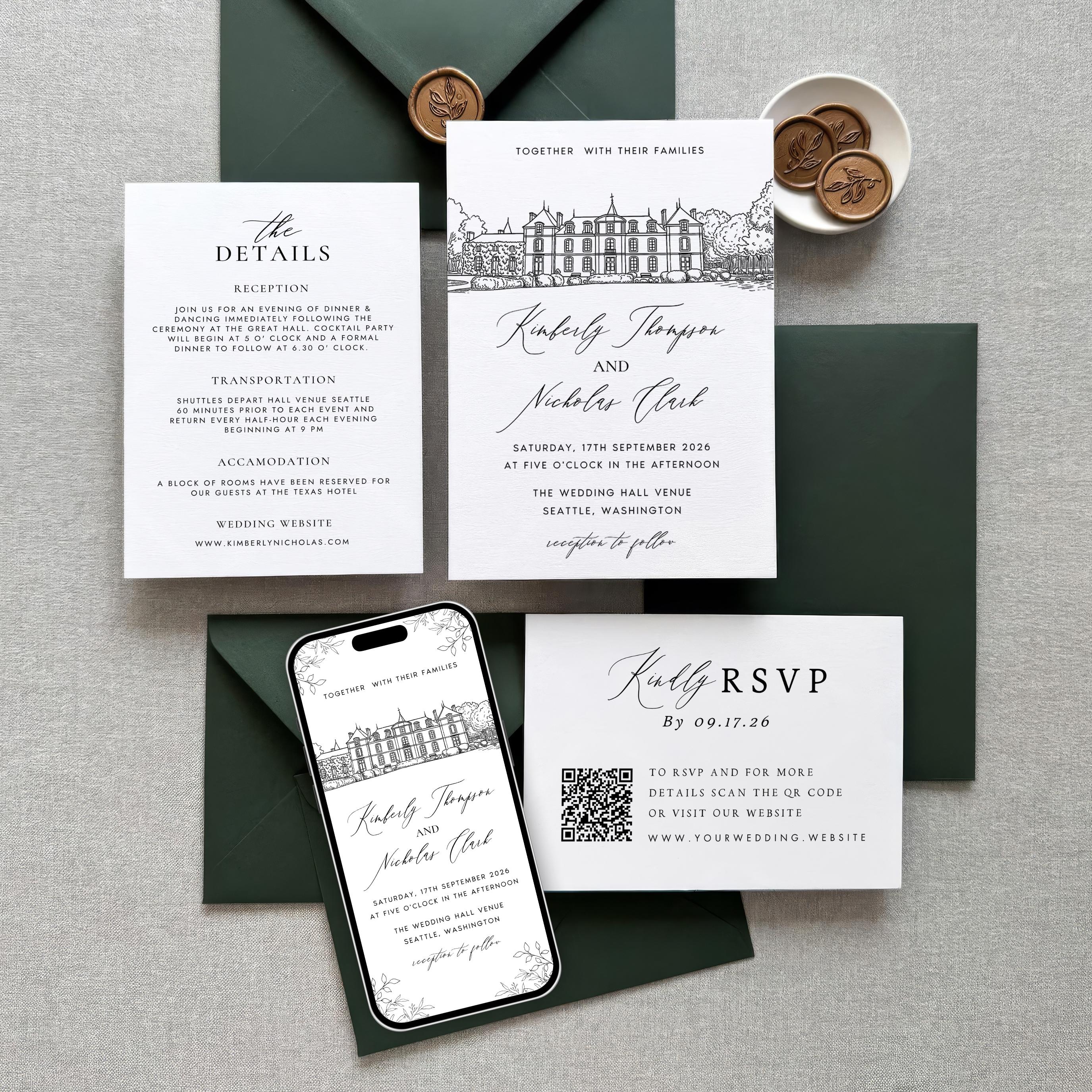 Personalized Wedding Venue Sketch Invitation Suite, Fully Editable DIY Canva Template, Wedding Stationery Bundle