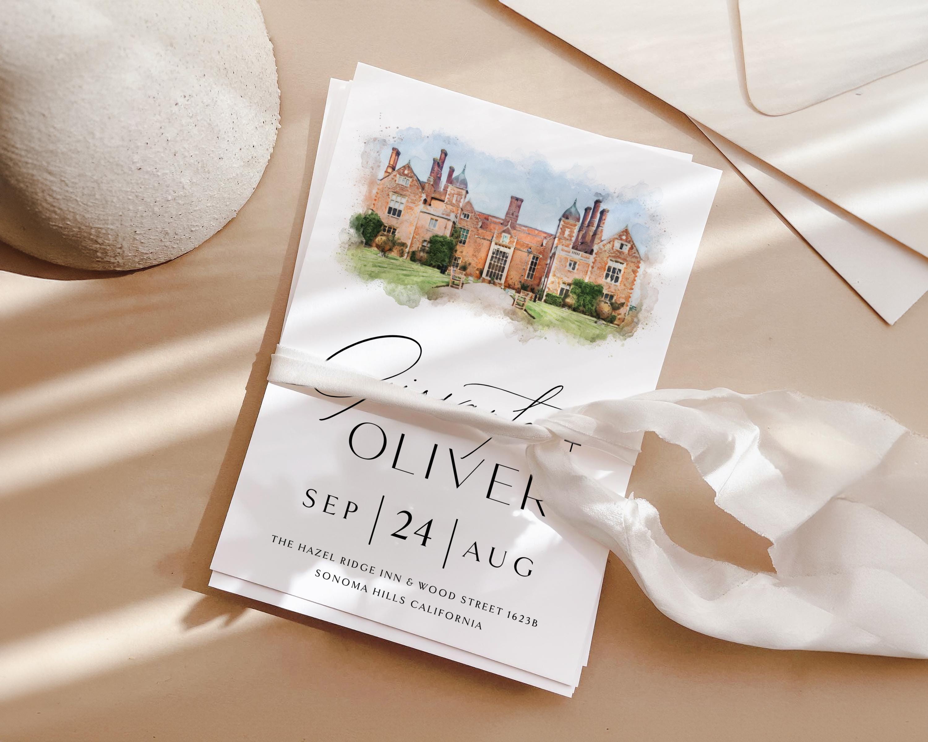 Watercolor Wedding Venue Invitation: Custom Illustration Template (PDF, PNG, JPEG Digital Download)