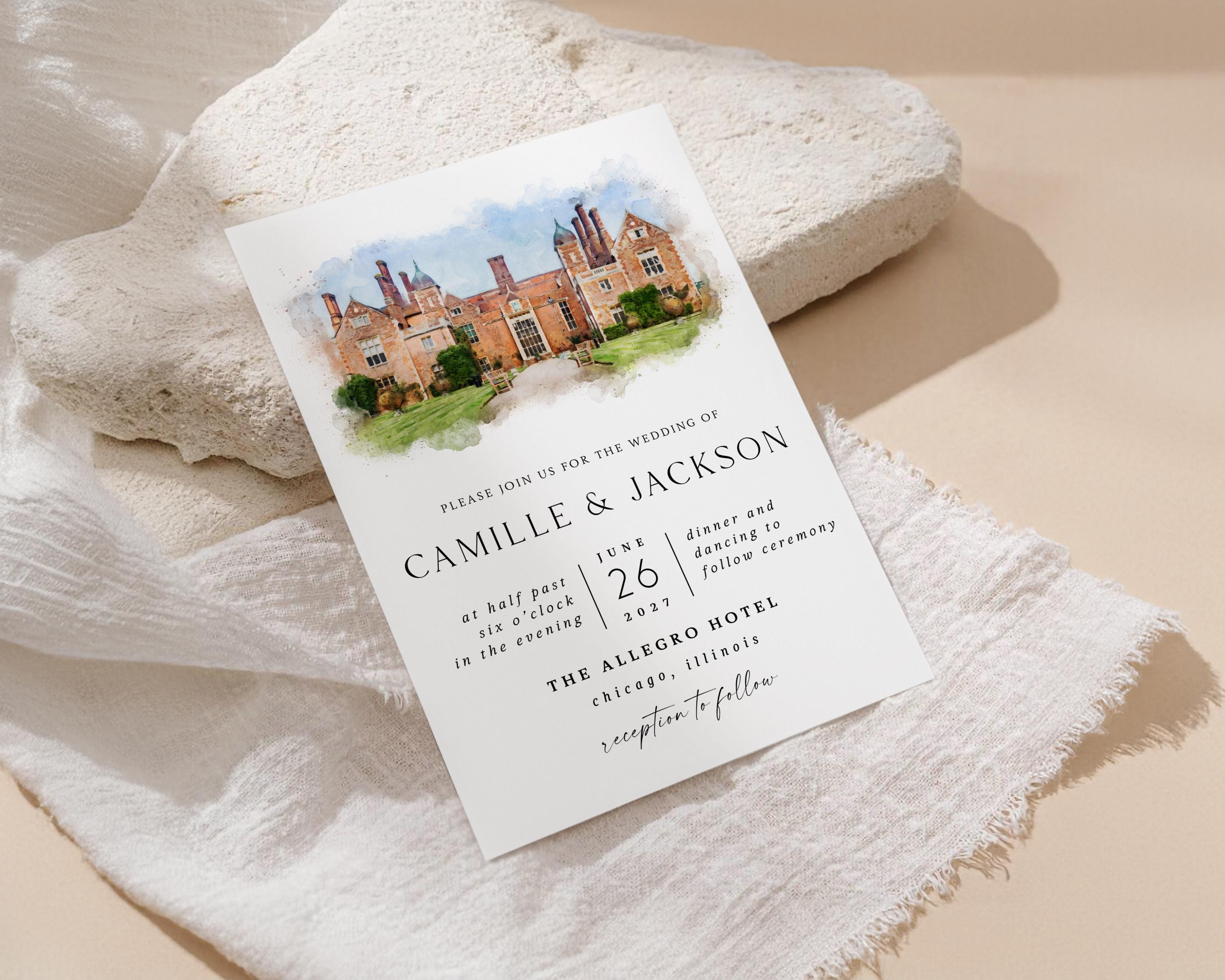 Custom Watercolor Venue Wedding Invitation,Wedding Invitation Template, Watercolor Venue Wedding Invitation, Illustration wedding venue