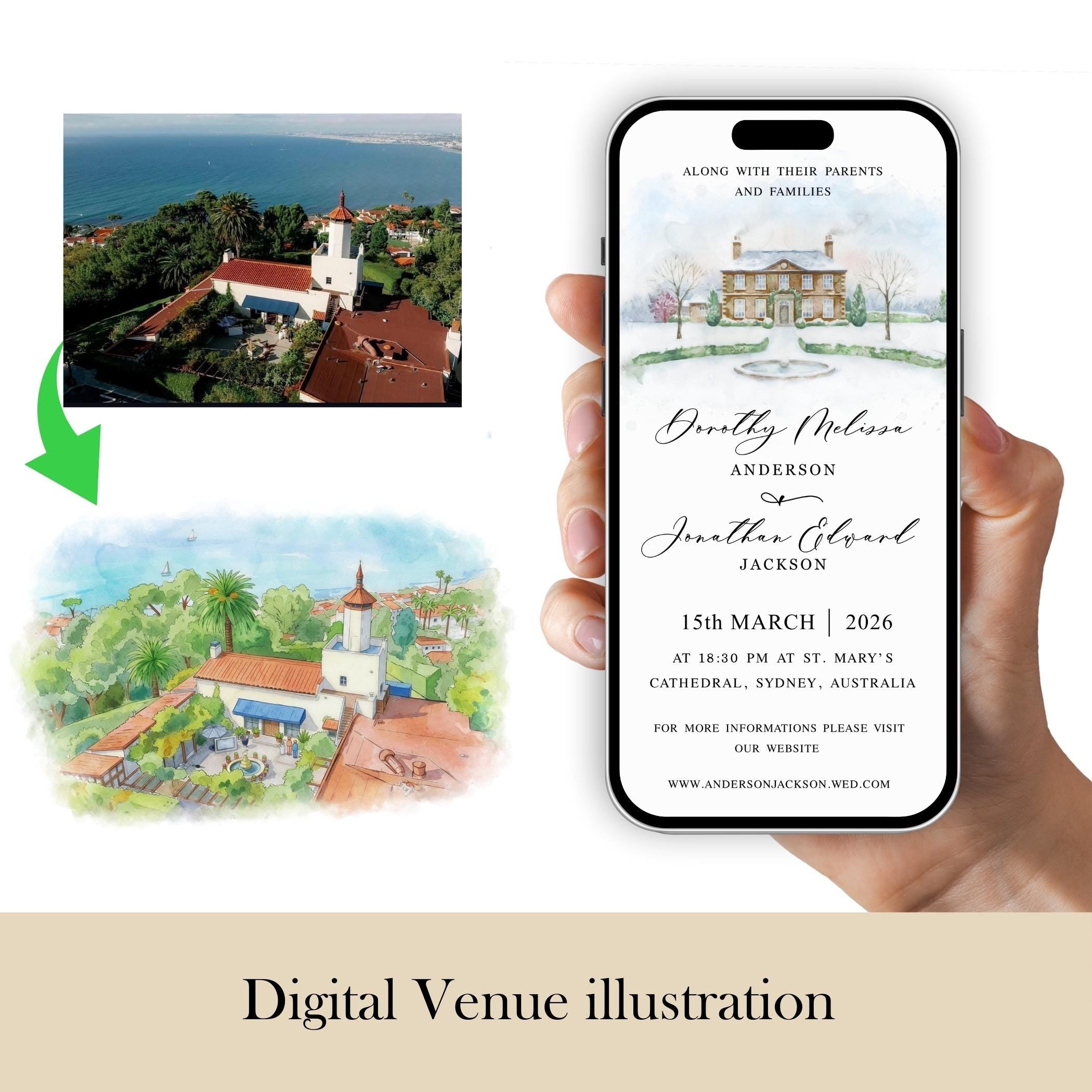 Watercolor Venue Wedding Invitation Suite, Digital Wedding Phone Invitation, Custom electronic venue E-vite, Editable Canva Template