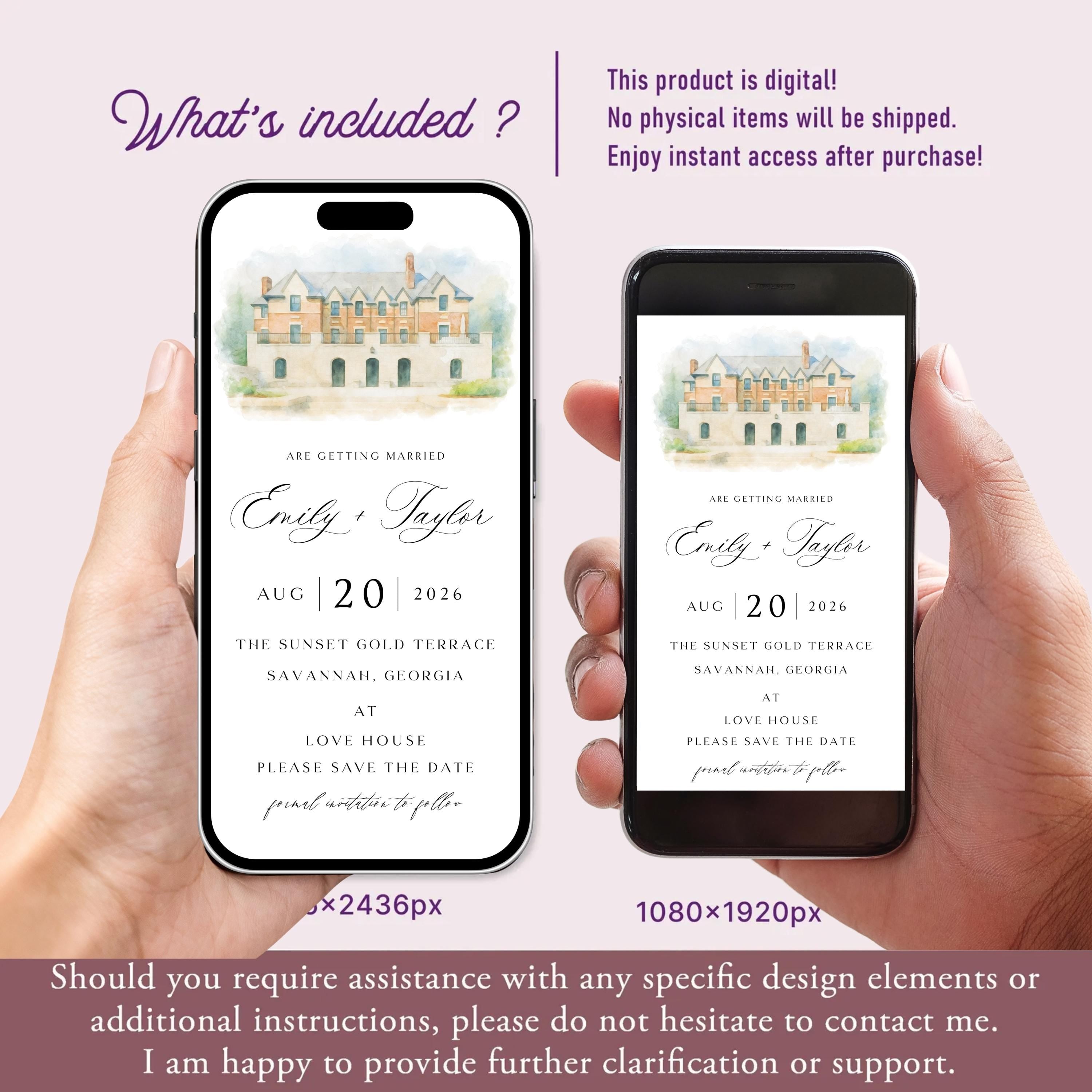 Digital Venue Sketch Save the Date: Watercolor Wedding E-vite (JPEG, PNG, PDF