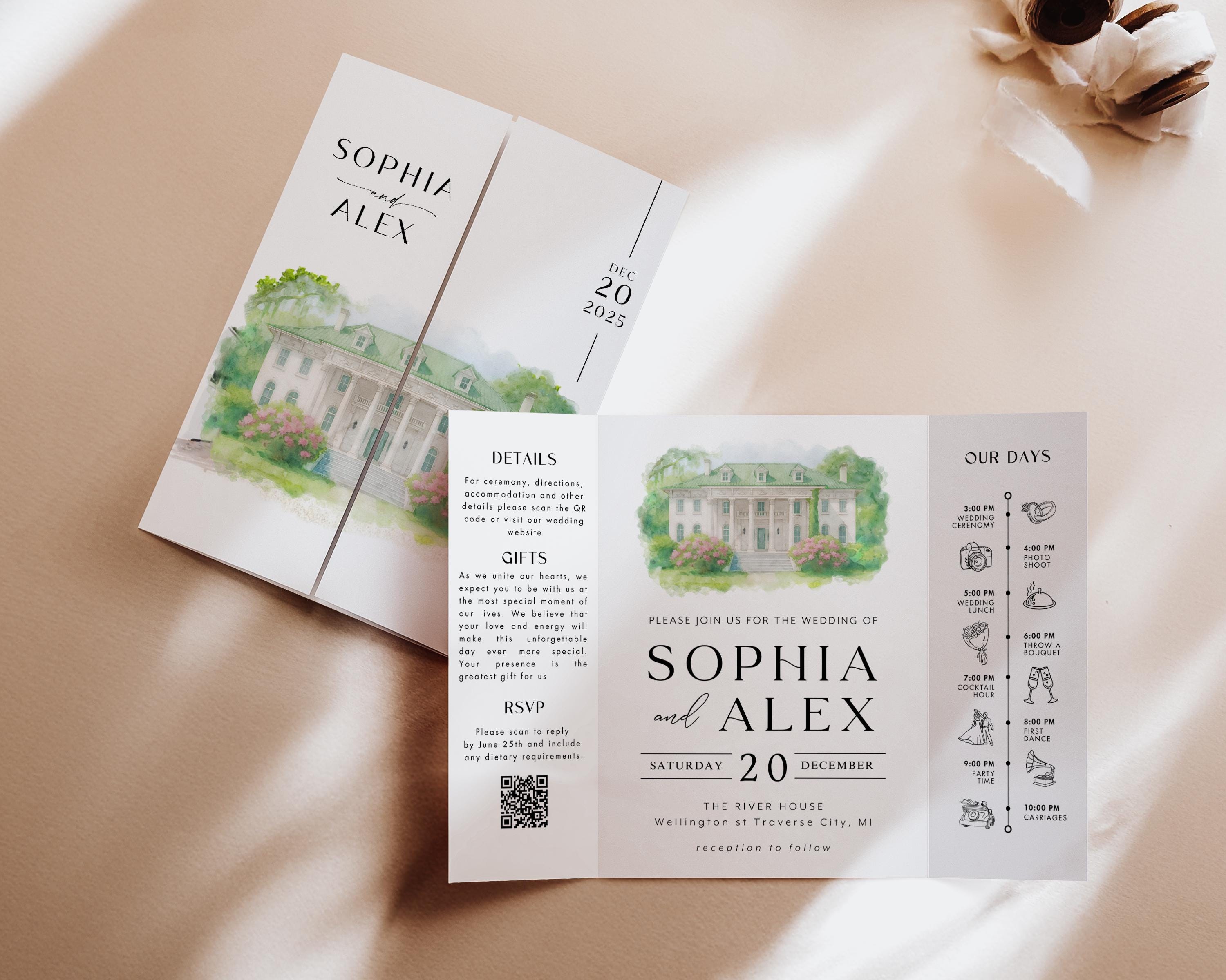 Modern Watercolor Venue Wedding Invitation, Gatefold Canva Template, Custom Editable Invite