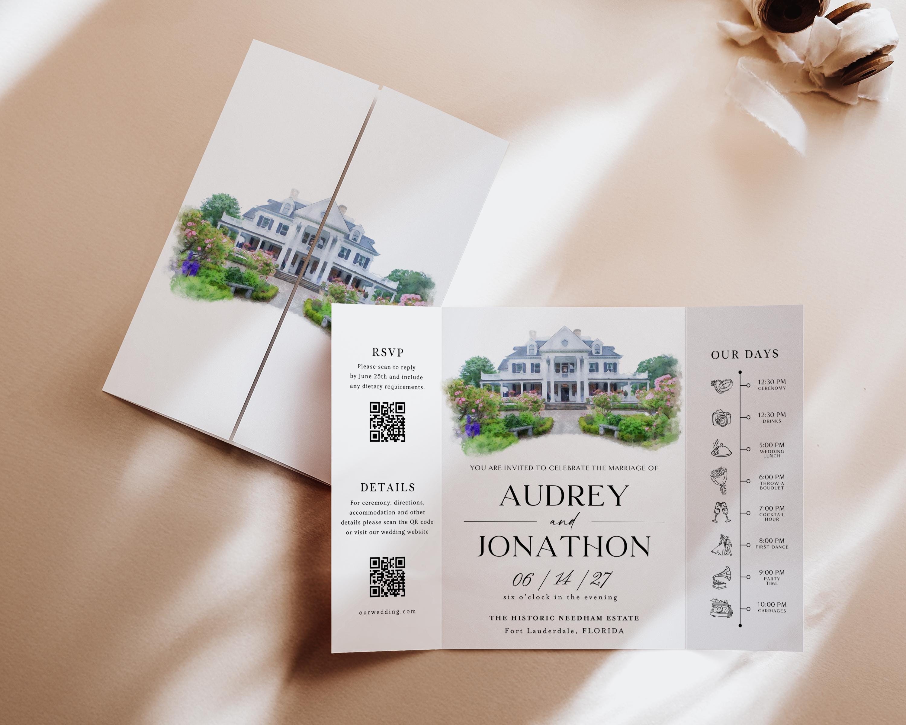 Custom Watercolor Venue Wedding Invitation, Editable Canva Gatefold Invite Template