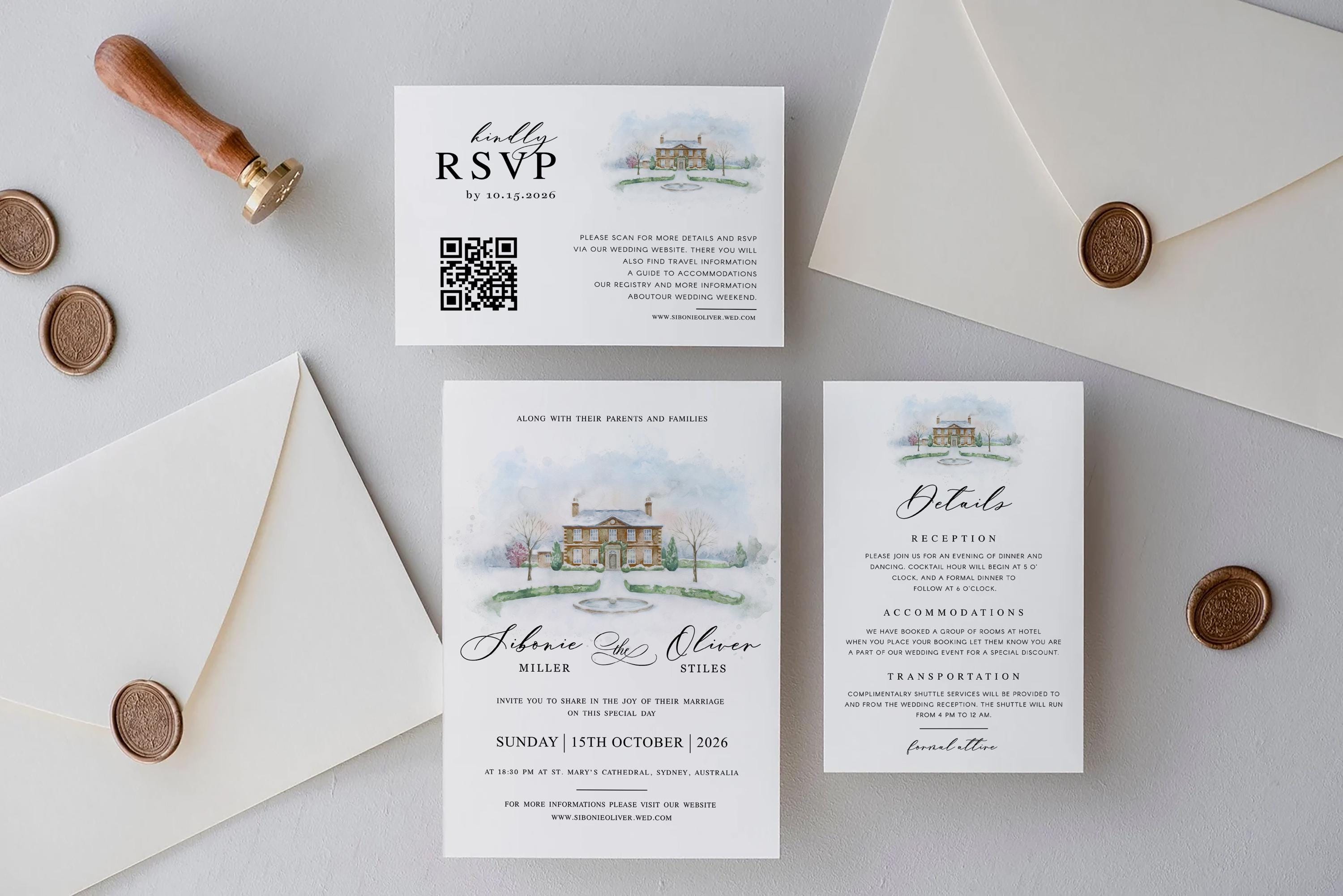Minimalist Venue Watercolor Wedding Invitations Suite | Venue Illustration Sketch | Editable Canva Template