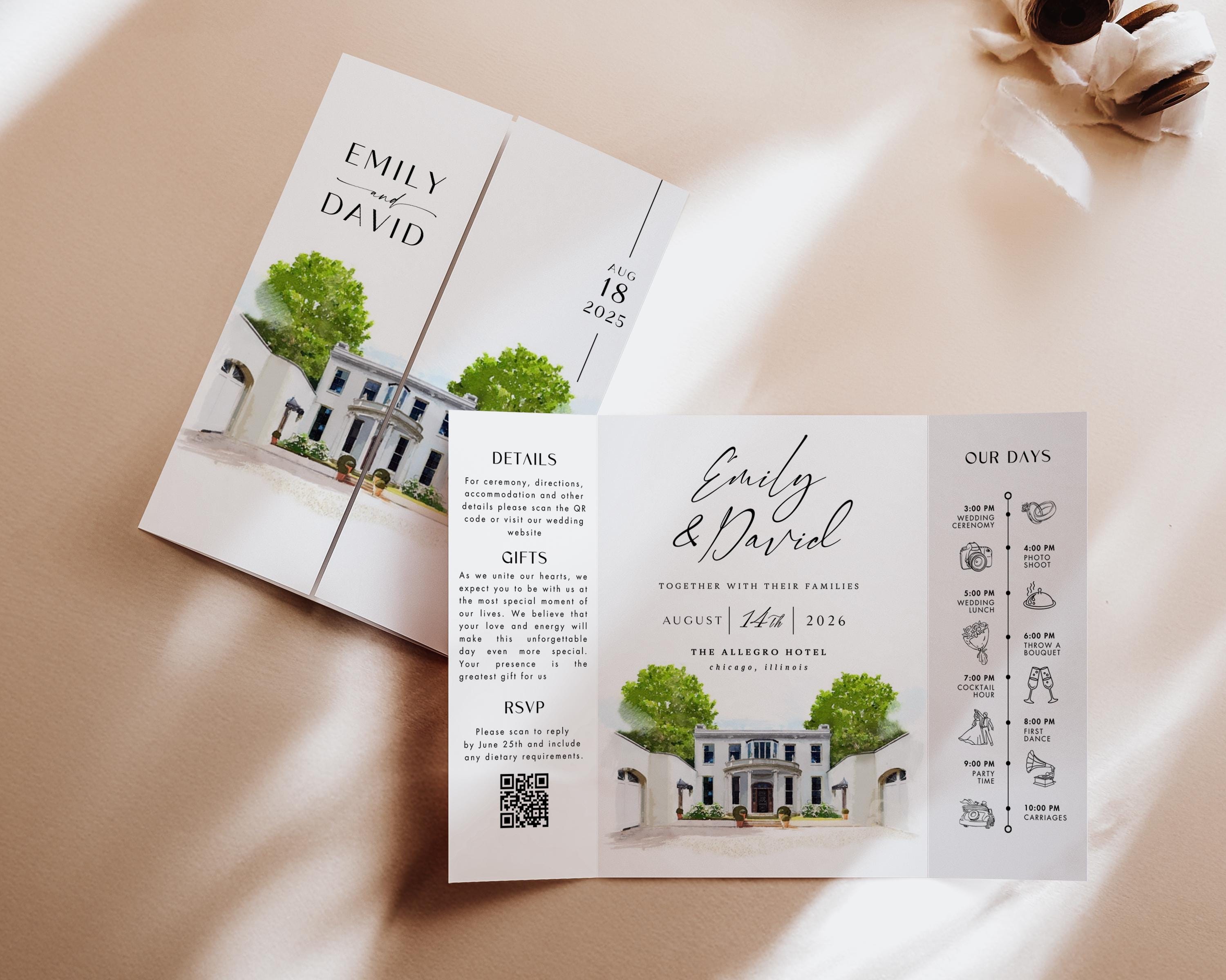 Watercolor Venue Wedding Invitation, Editable Gatefold Canva Template, Custom Invite