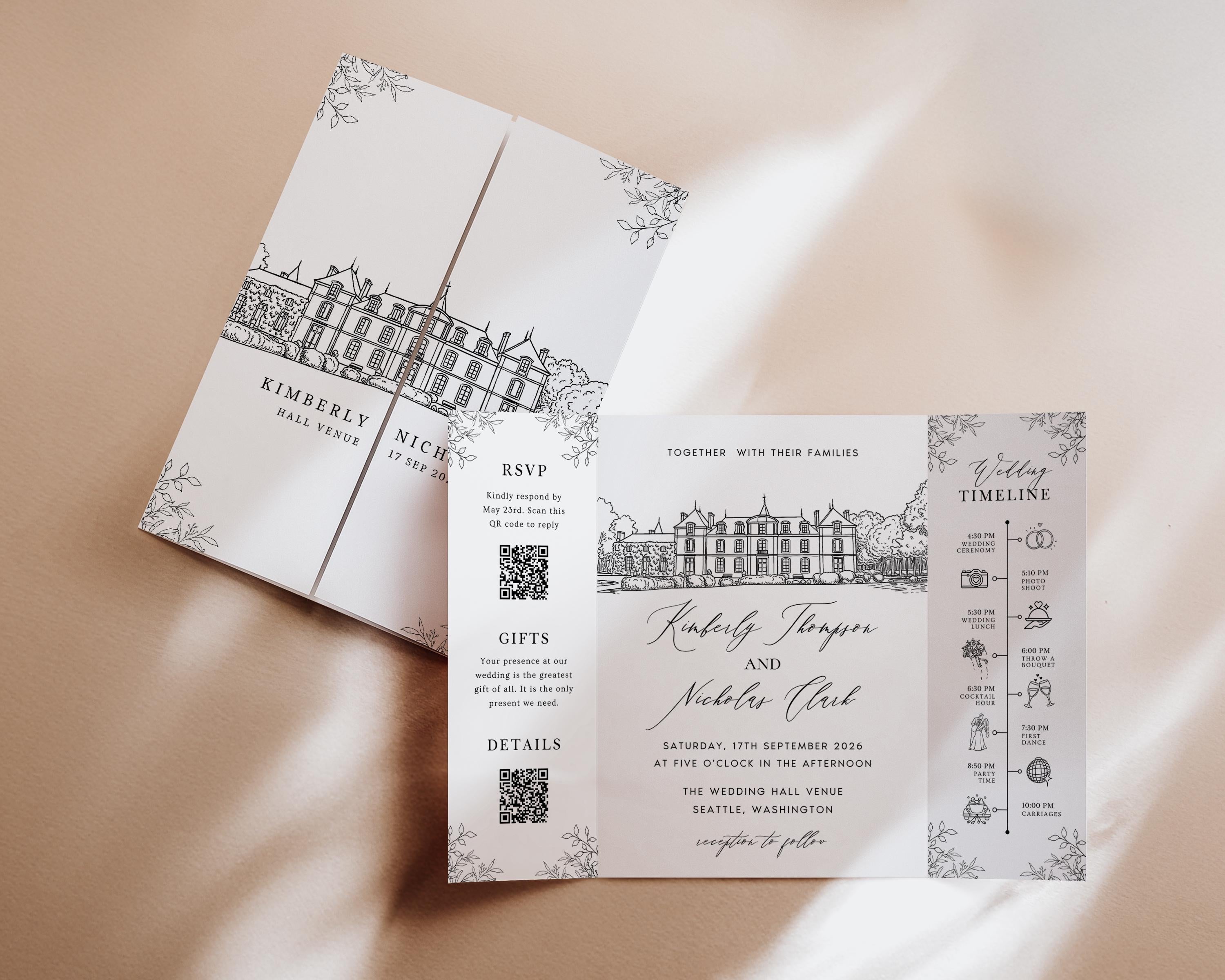 Wedding Venue Sketch Gatefold Invitation | Fully Editable Invitation Canva Template | Illustration