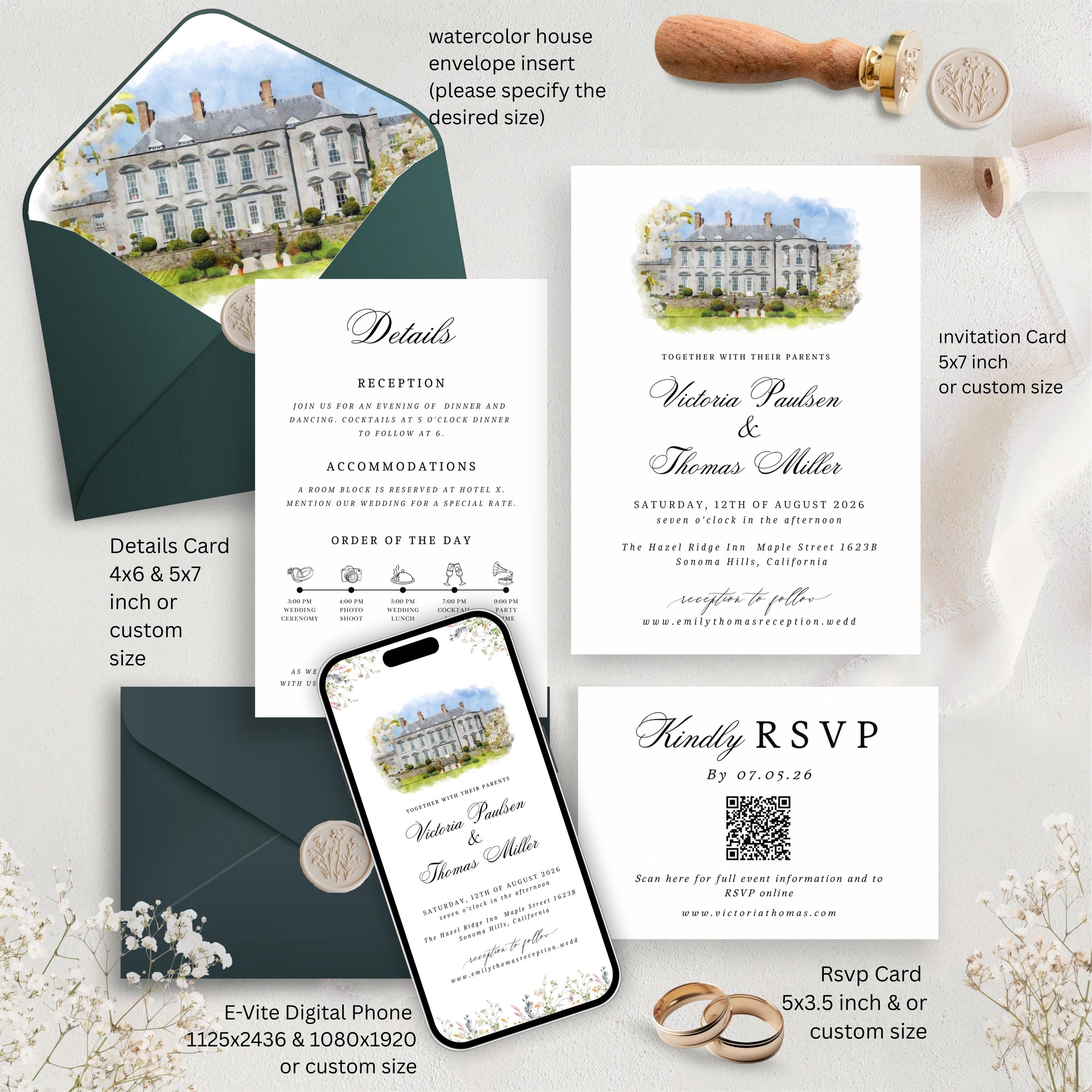 Custom Watercolor Venue Wedding Invitation | Editable Canva Invite Template | Modern Wedd Template,