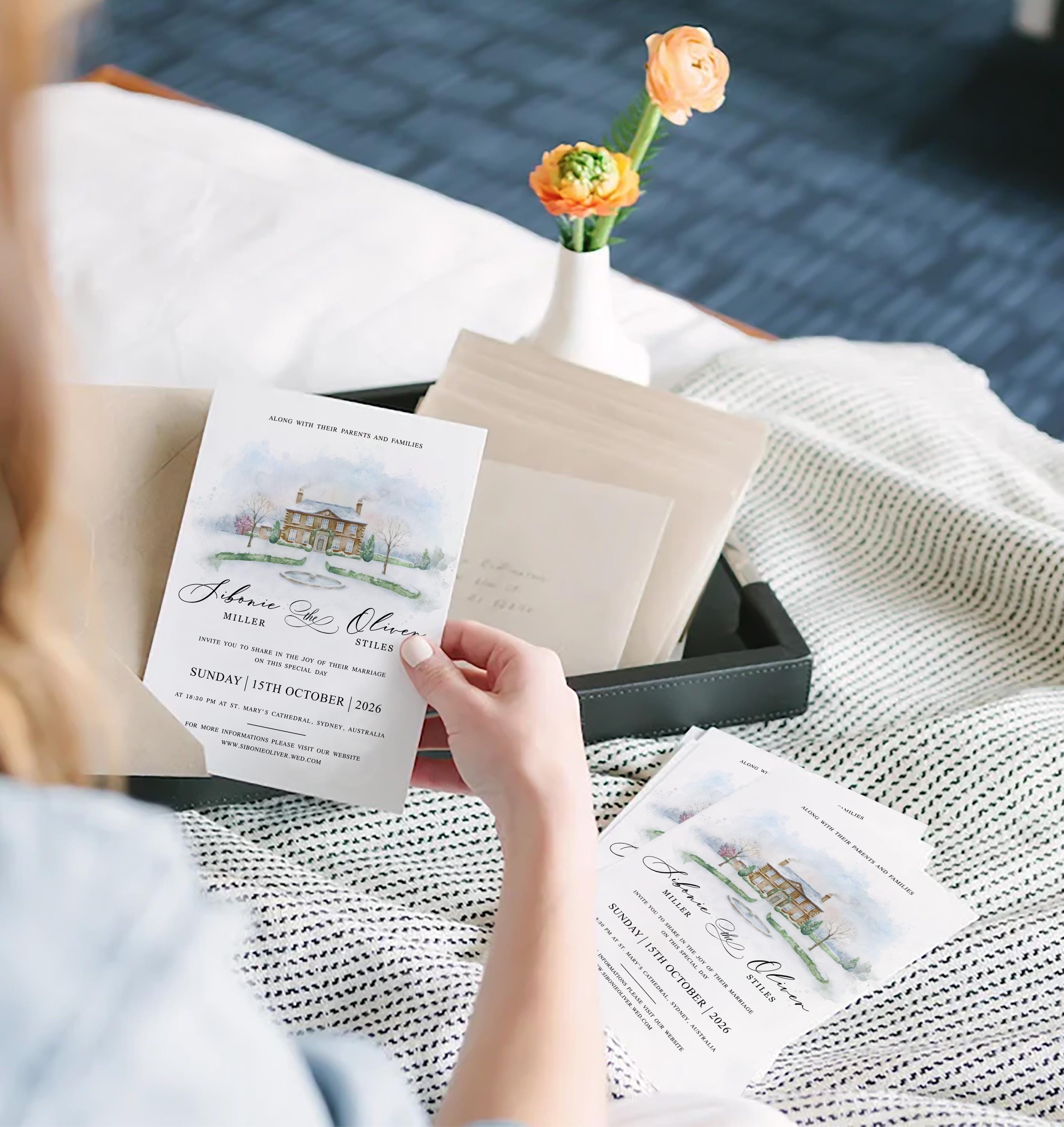 Watercolor Wedding Venue Invitations | Custom Venue digital, Modern Illustration Invite, Editable Canva Template