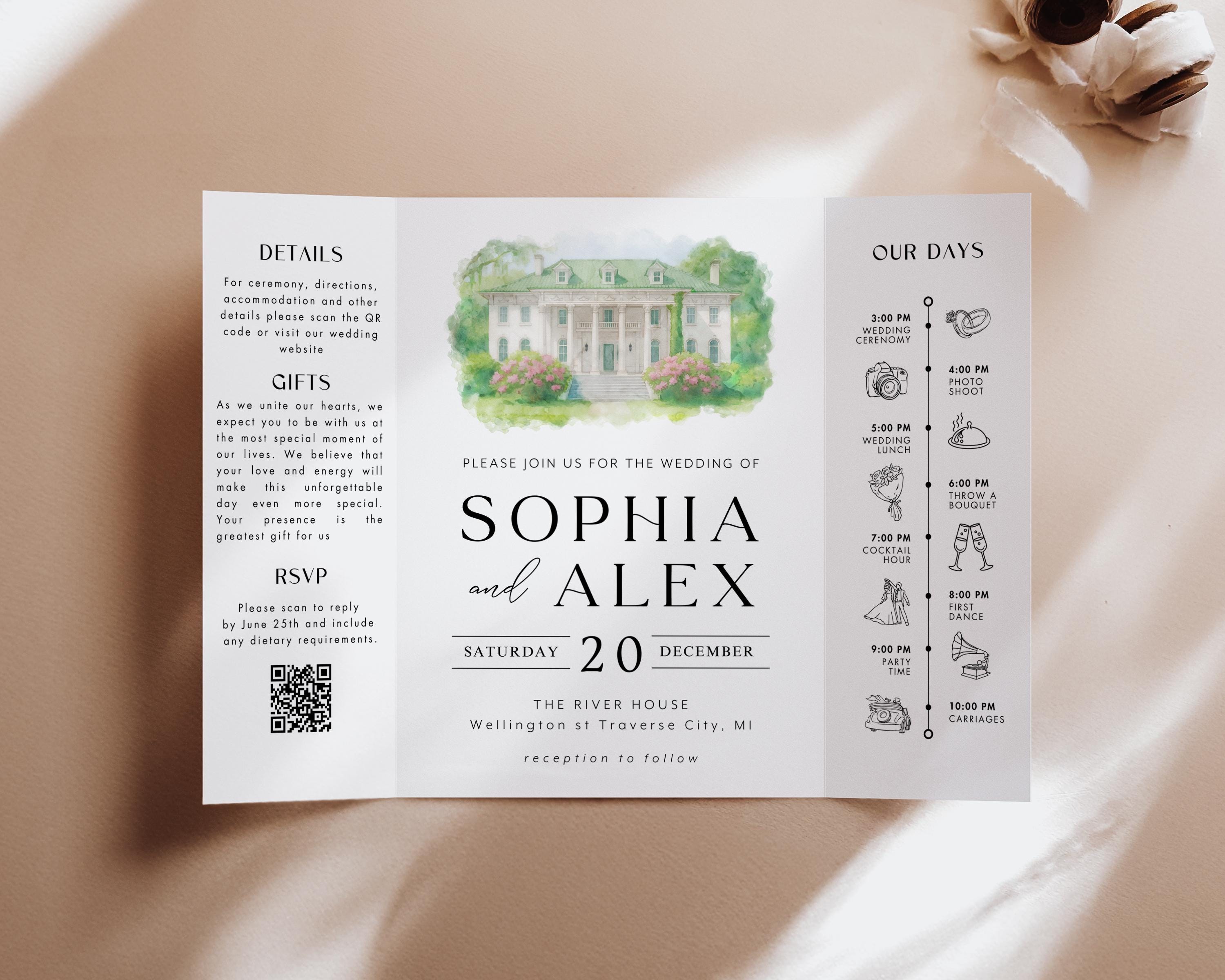 Modern Watercolor Venue Wedding Invitation, Gatefold Canva Template, Custom Editable Invite