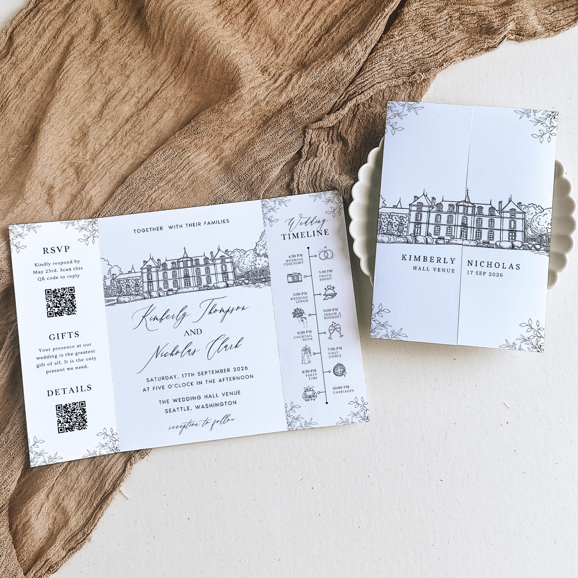 Wedding Venue Sketch Gatefold Invitation | Fully Editable Invitation Canva Template | Illustration