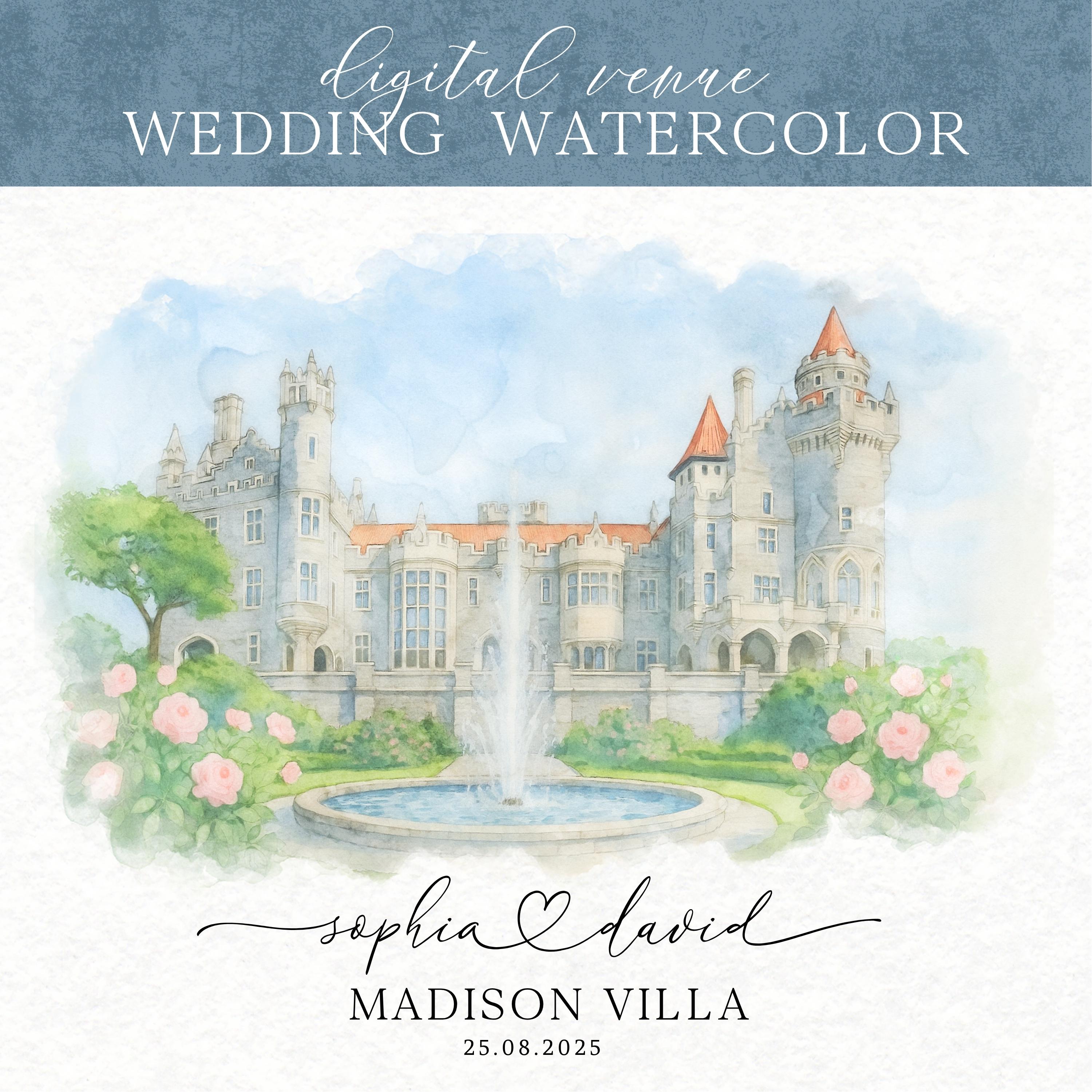 Custom Wedding Venue Watercolor Illustration: Digital Painting Print
