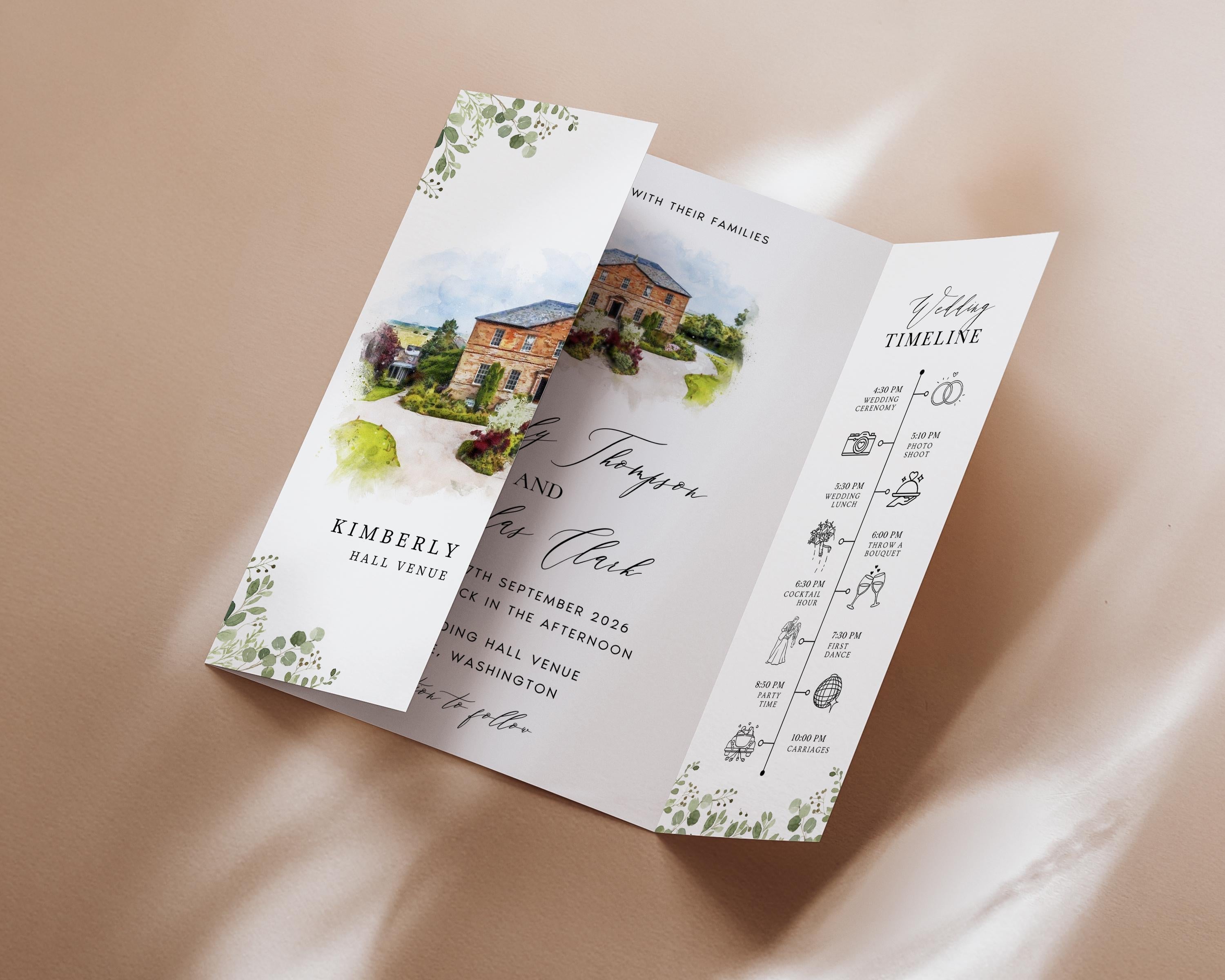 Personalized Watercolor Venue Wedding Invitation | Editable Canva Custom Gatefold Invite | Modern Wedding Template