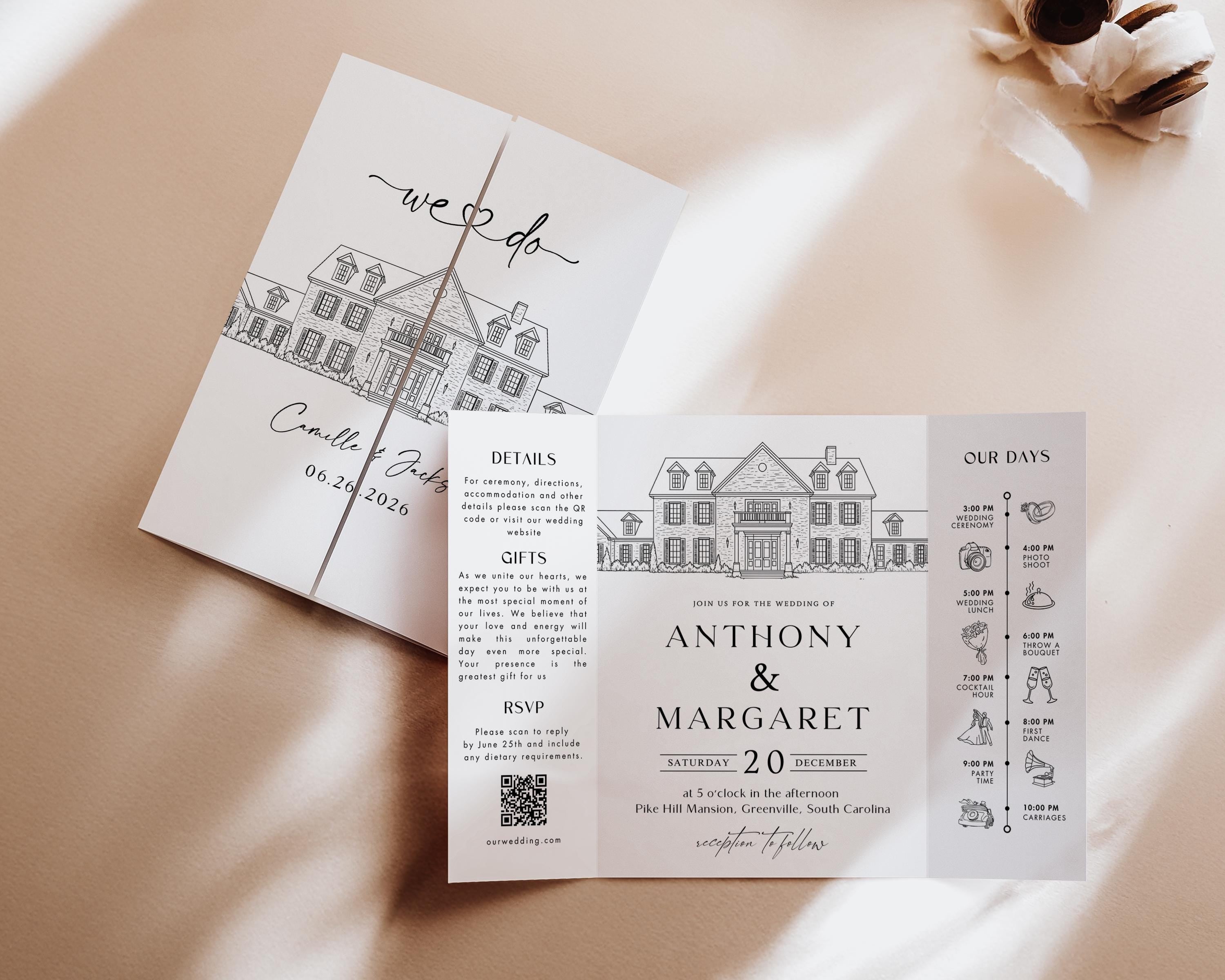 Custom Wedding Venue Illustration Invitation: Line Drawing Gatefold Template