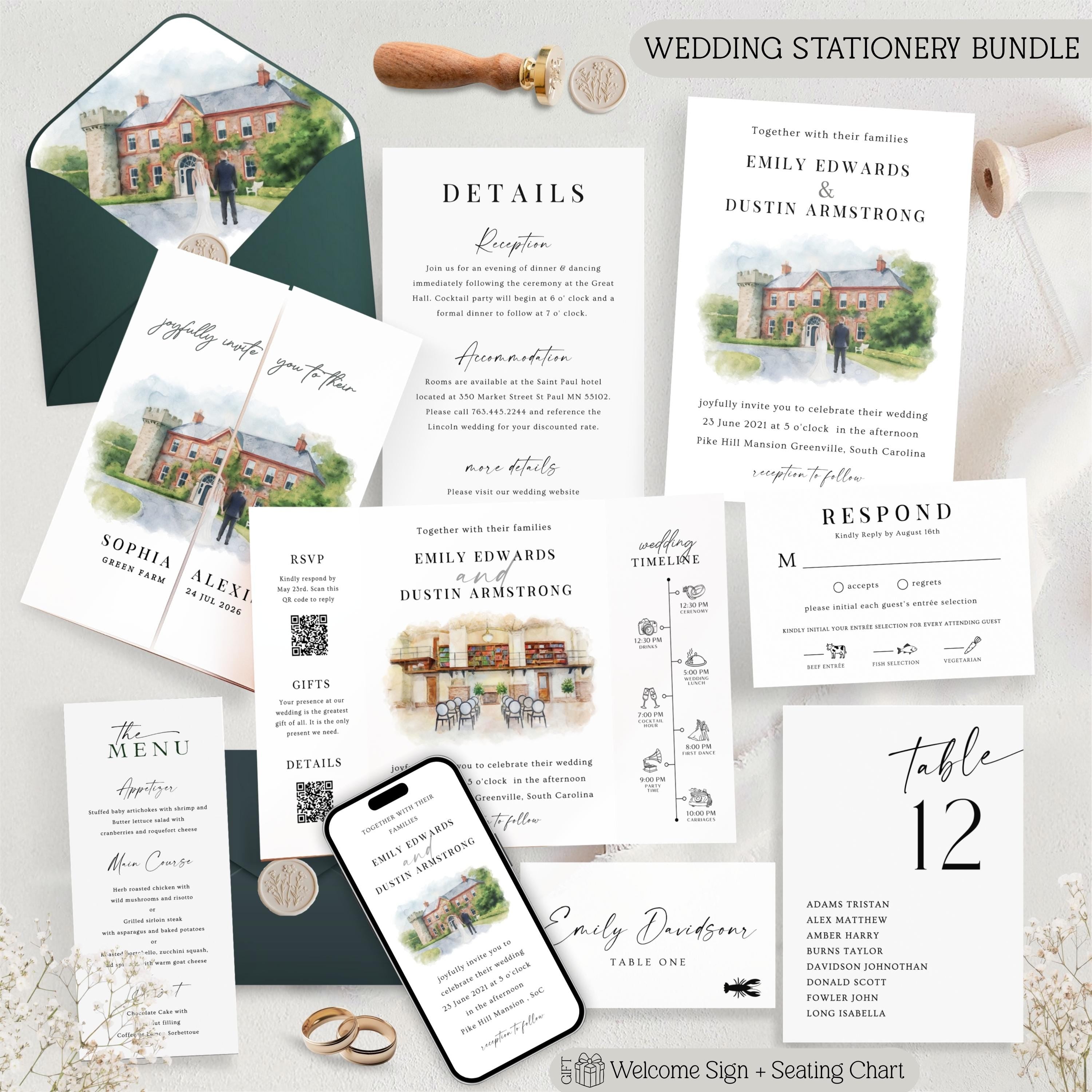 Custom Watercolor Venue Wedding Invitation | Printable Wedding Stationery Bundle | Editable Canva Template