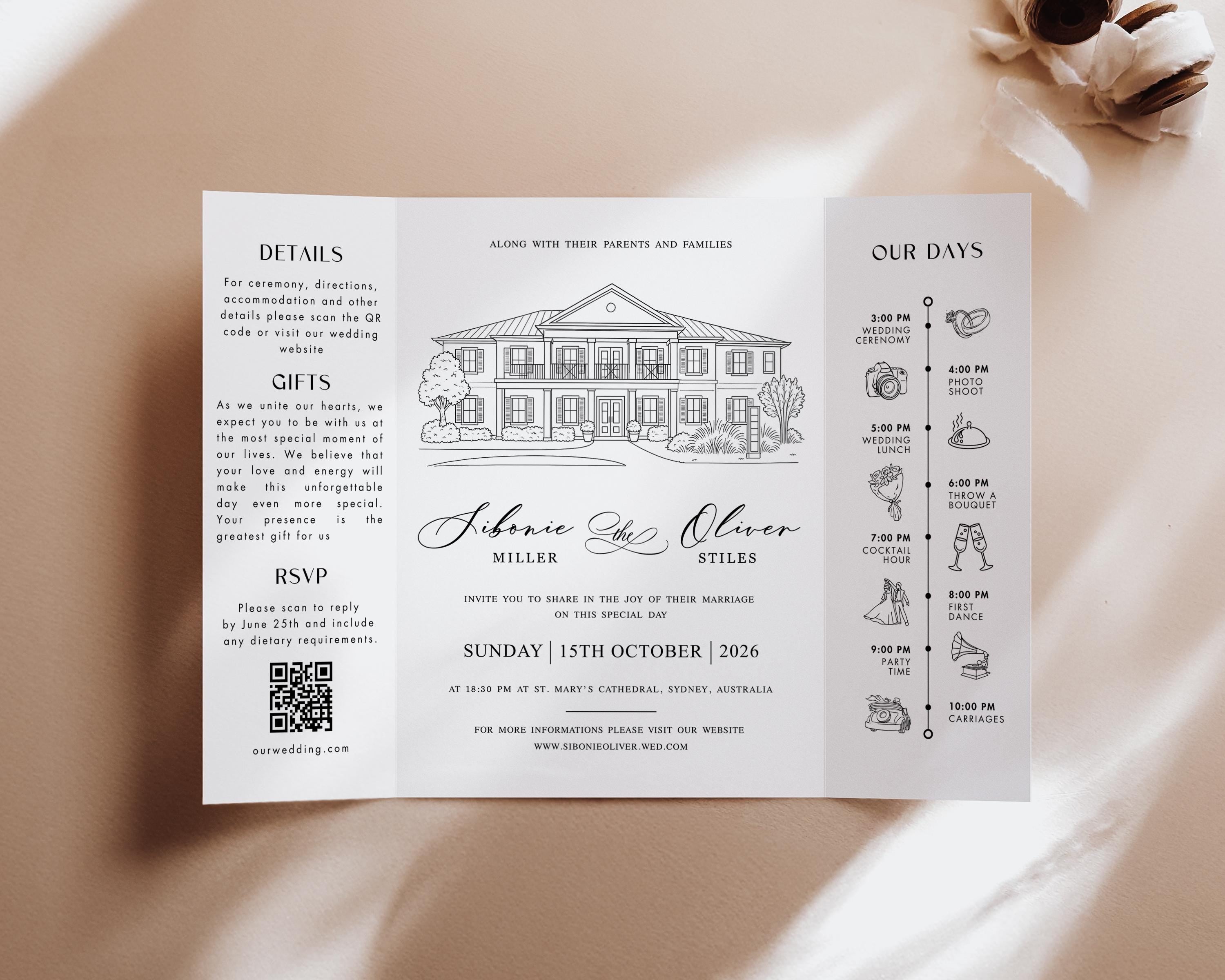 Line Drawing Gatefold | Venue Sketch Wedding Invitations | Wedding Gatefold Invitations | Custom Illustration Invite|Editable Canva Template