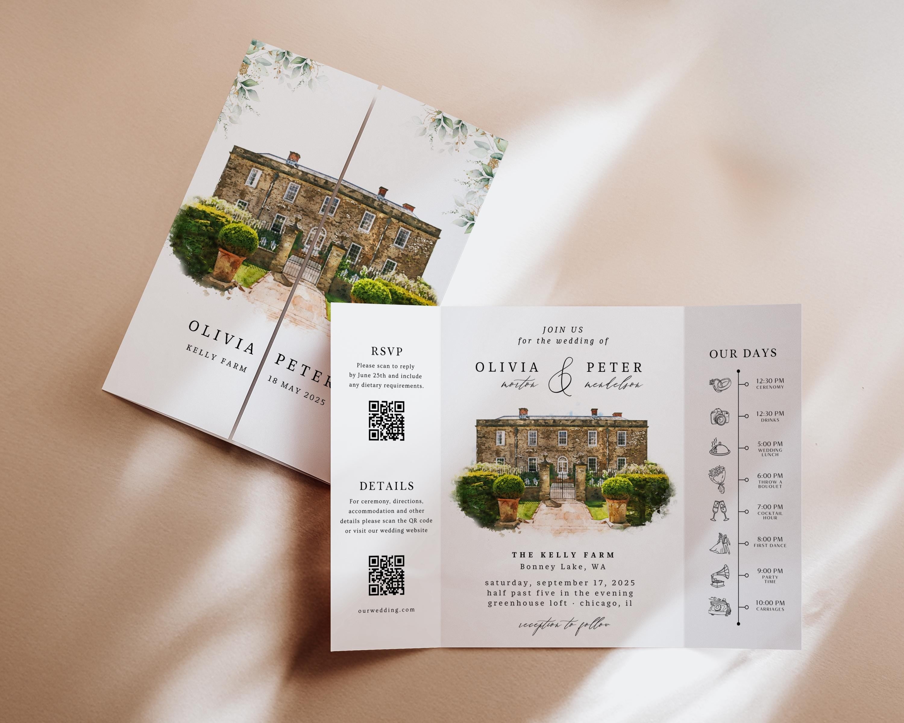 Modern Watercolor Venue Wedding Invitation, Gatefold Canva Template, Custom Editable Invite