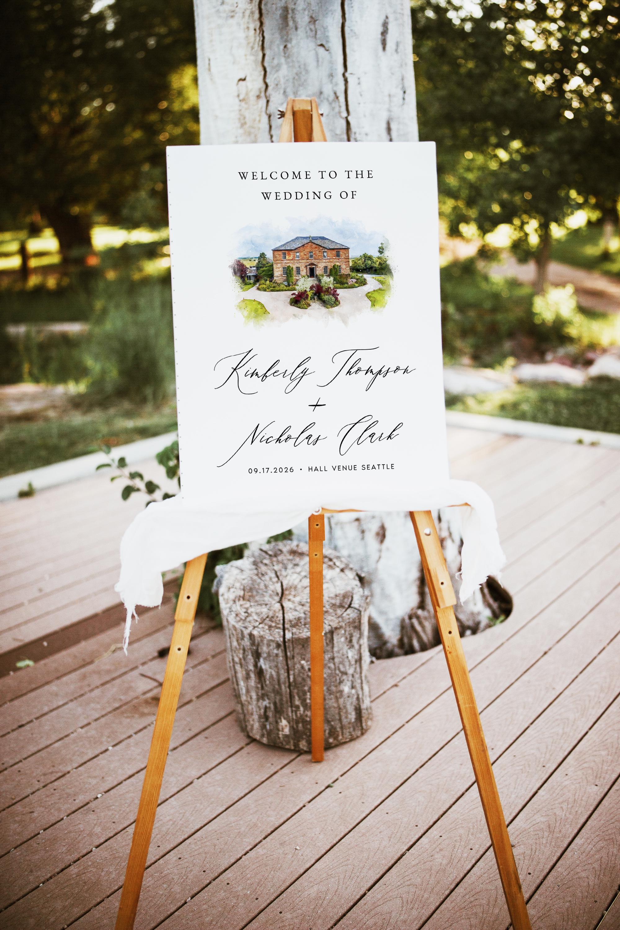 Custom Watercolor Venue Wedding Invitation | Printable Wedding Stationery Bundle | Editable Canva Template