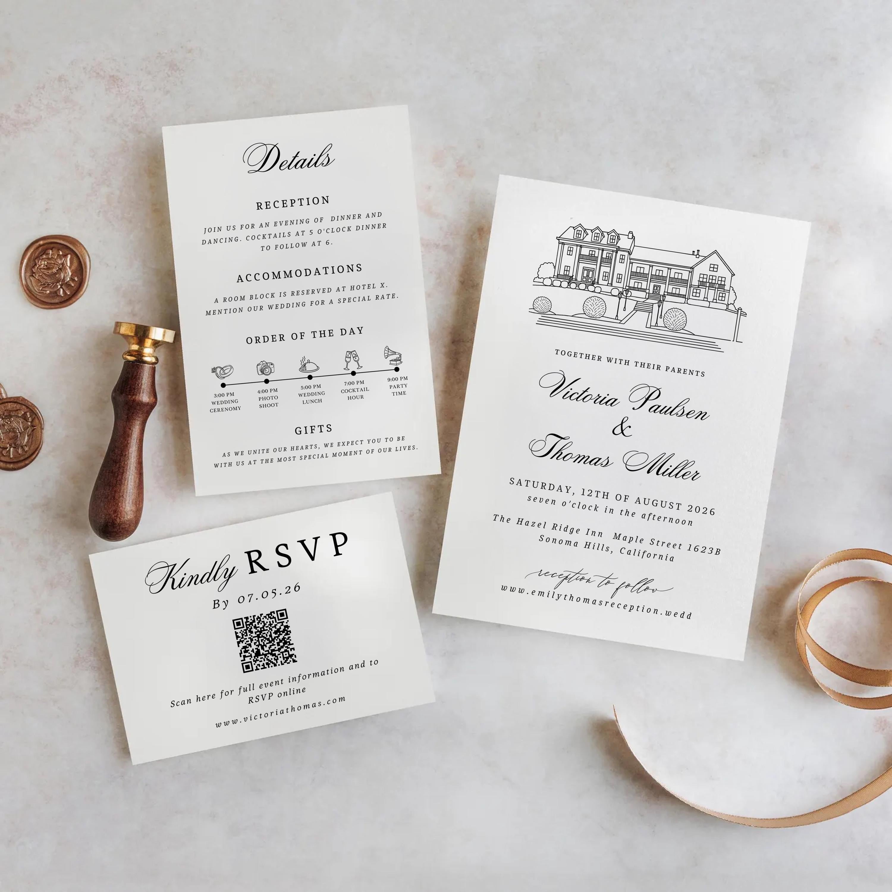 Custom wedding Venue Sketch Invitation set | Invite Venue Illustration Stationery | Editable DIY Canva Template