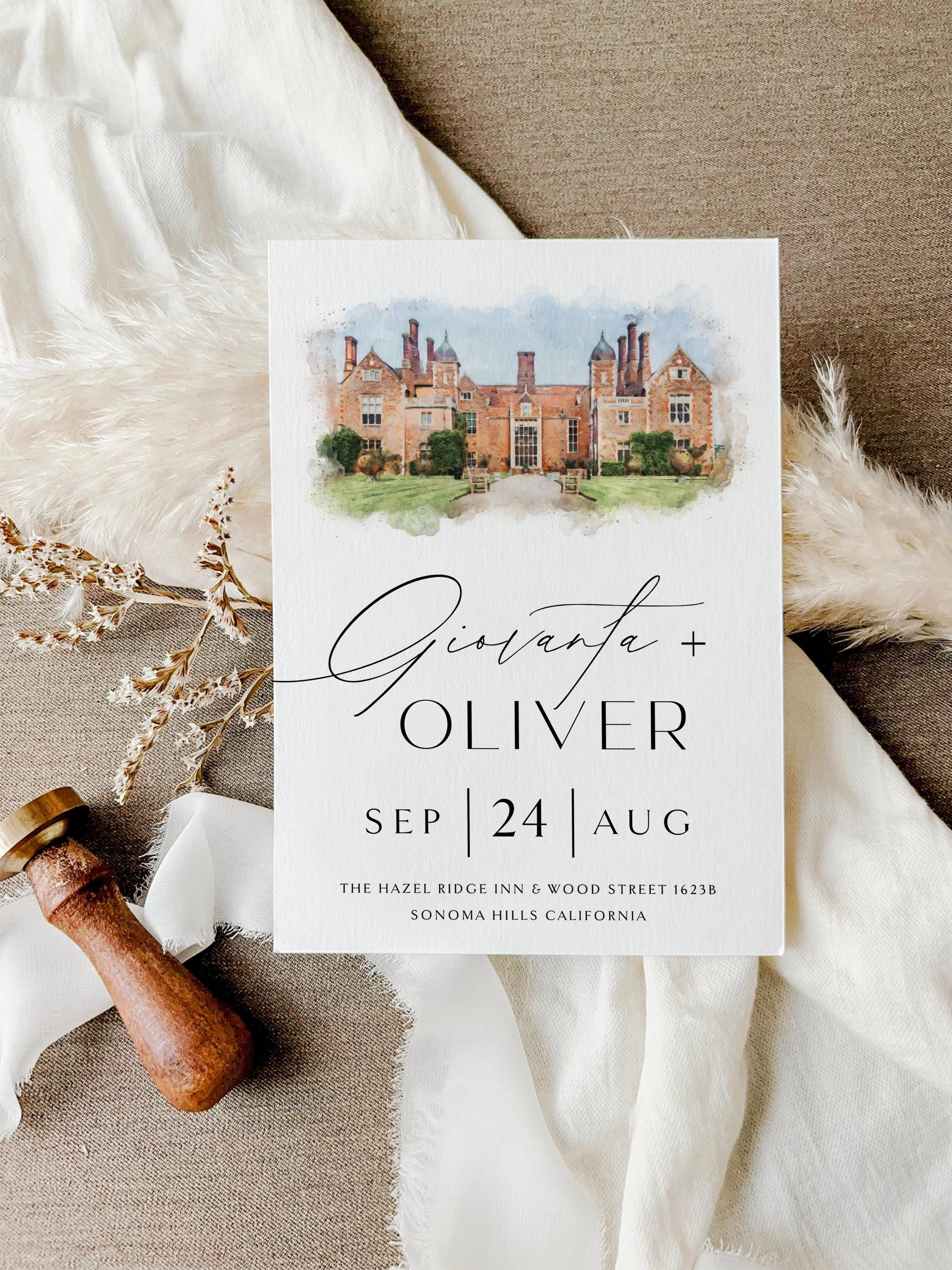 Custom Watercolor Venue Wedding Invitation (Canva Template)