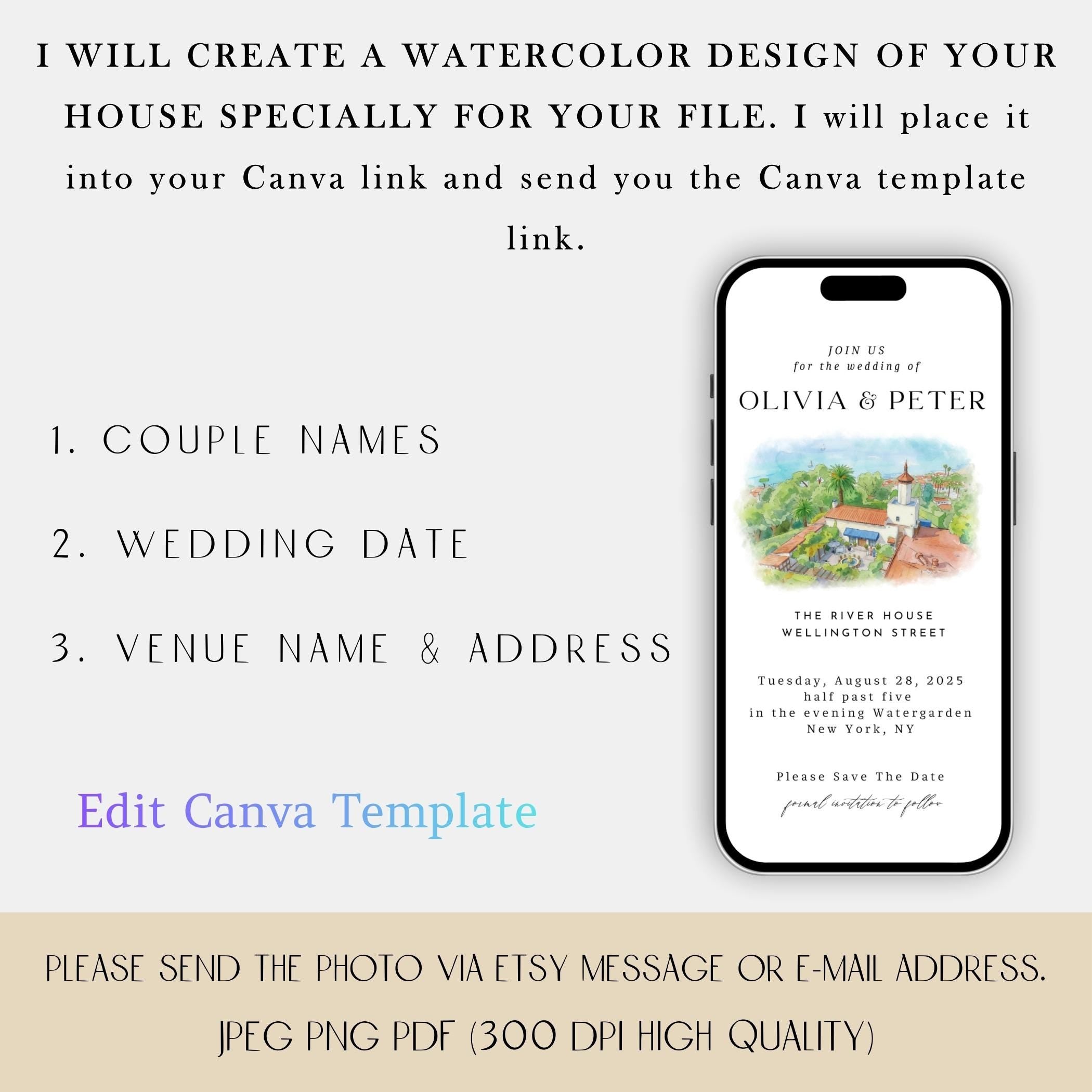 Watercolor Venue Wedding Invitation Suite, Digital Wedding Phone Invitation, Custom electronic venue E-vite, Editable Canva Template