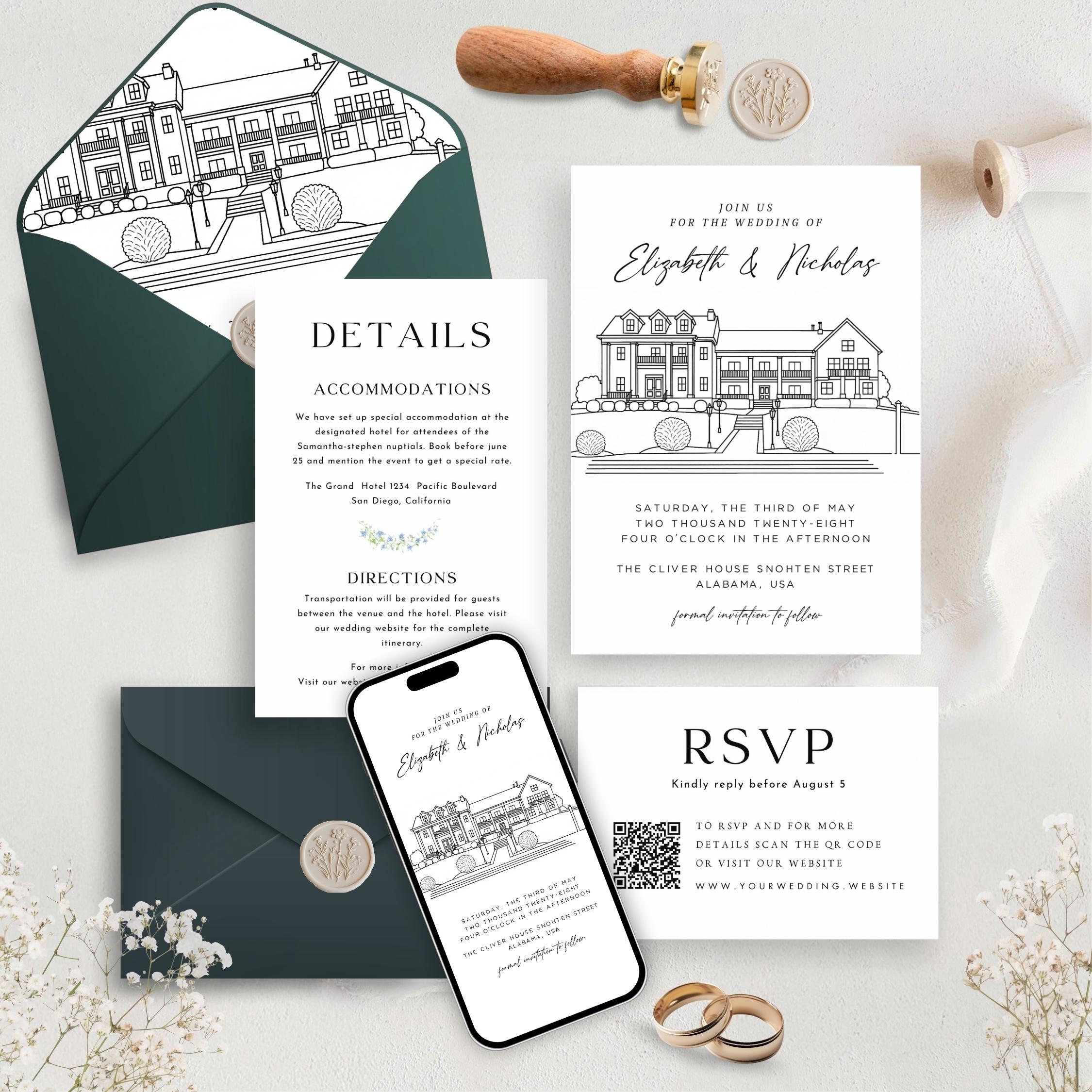 Personalized Wedding Venue Sketch Invitation Suite, Fully Editable DIY Canva Template, Wedding Stationery Bundle