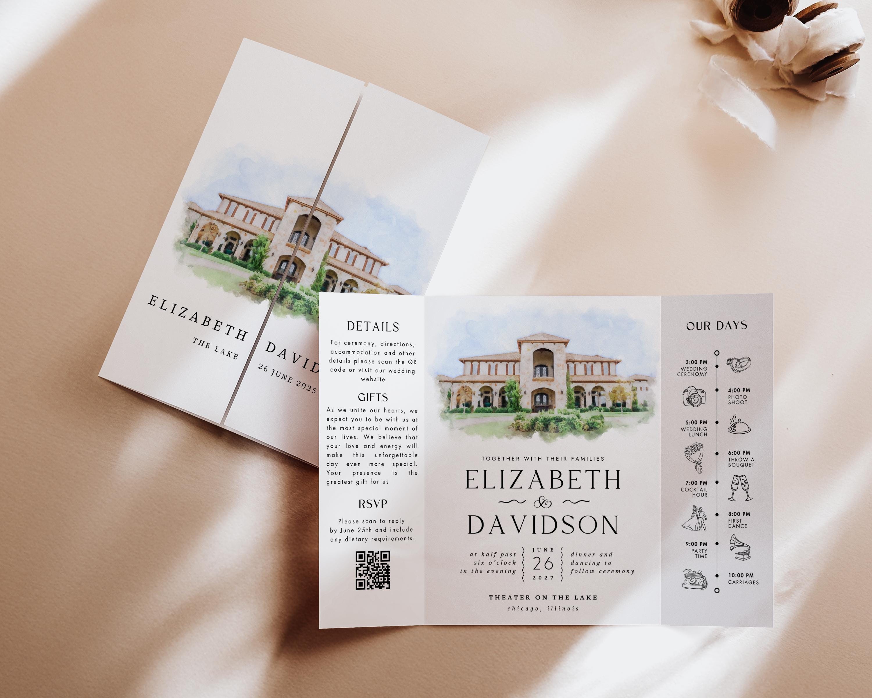 Watercolor Venue Wedding Invitation, Editable Gatefold Canva Template, Custom Invite